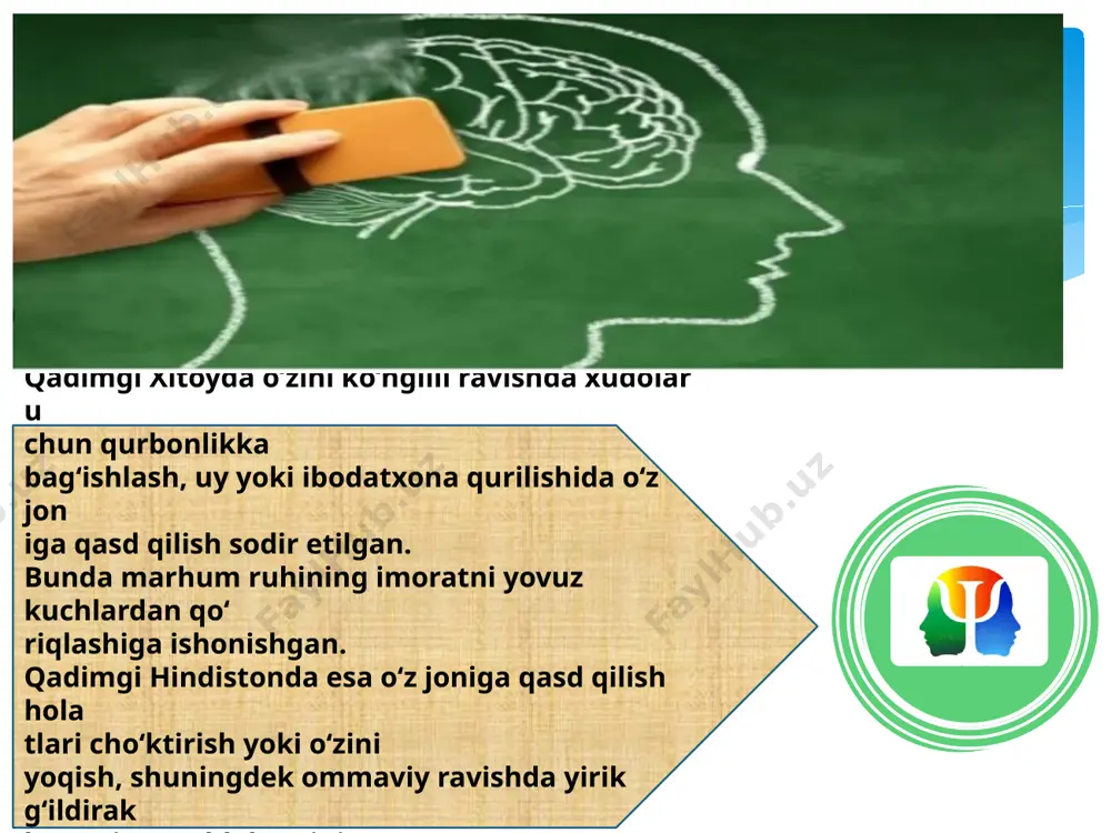 richa, autodestruktiv xulq-atvor bex osdan yoki haddan ziyod kuchli zo‘riqishli (stressli) ta’sir natijasida xul qning individual mexanizmlarining pand berishi yoki yetarlicha emasligi oqibatidir. amalga oshirilgan nazariy tahlil asosida r.f.baumis ter, s.j.cherlar autodestruktiv xulqning uch tipini ko‘rsatib o‘tish ad birlamchi autodestruksiya - individ o‘ziga zarar ye tkazishga urinadi va ongli ravishda uni amalga oshiradi. bunday xulq asosini i nsondagi kuchli salbiy emotsiyalar tashkil etib, o‘zining kamchiliklariga diqqatning qaratilishi tufayli, o‘ziga nisbatan salbiy munosabatni shakllantiradi. ikkilamchi autodestruktiv xulq atvorning qarama-qar shi tomoni sifatida samarasiz strategiya bo‘lib, insonlar ezgu maqsadla rga intilishadi, ammo samarasiz strategiyani qo‘llagan holda o‘zlariga ziyon-zahmat yetkazishga urinadi. uchinchi autodestruktiv tipida inson o‘zaro bir-biri ni istisno etuvchi ikki maqsadni ko‘zlaydi. bir necha qarama-qarshi maqsadl ar doirasidan birini tanlash, unga sarflangan harakatlar ijobiy natijalardan yuqo ri bo‘lib, fikrlarda xatoliklar mavjud ekanligidan darak beradi. suitsidentlar uchun nisbatan tashqi lokus - nazorat ning namoyon bo‘lishi xarakterlidir. mazkur dalil shundan guvohlik beradi ki, suitsidentlar …