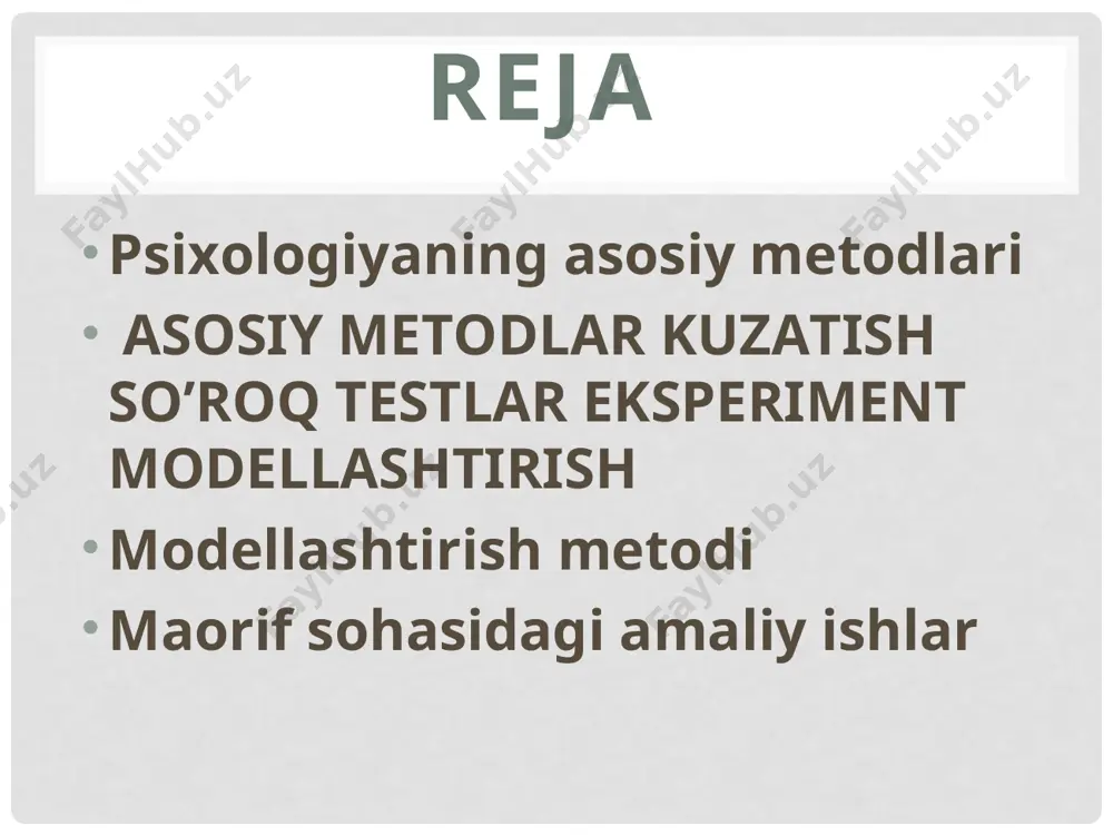 tashqaridan turib, kuzatish orqali ma’lumotlar to’plash usulidir. asosiy metodlar kuzatish so’roq testlar eksperiment modellashtirish tashqi (ob’ektiv kuzatish) ichki (sub’ektiv, o’zo’zini tuzatish erkin kuzatuv guruh ichida kuzatish guruh tashqarisida kuzatish matematik modellashtirish mantiqiy modellashtirish texnik modellashtirish kibernitik modellashtirish tabiiy eksperiment laboratoriya eksperimenti og’zaki so’roq yozma so’roq erkin so’roq (suhbat) standartlashtirilgan so’roq test –so’rov test – topshiriq proyektiv test sotsiometrik test222 masalan, bayram arafasida aholining qayfiyatini bilish maqsadida kuzatuv tashkil qilinsa, oldindan maxsus reja yoki dastur bo’lmaydi, kuzatuv obyekti ham qat’iy bo’lishi shart emas. yoki dars jarayonida bolalarning u yoki bu mavzu yuzasidan umumiy munosabatlarini bilish uchun ham ba’zan erkin kuzatish tashkil etilishi mumkin. . unda tekshiriluvchi tekshiruvchi tomonidan qo’yilgan qator savollarga muxtasar javob qaytarishi kerak bo’ladi. agar mabodo uning professional mahorati yoki tajribasi bunga yetarli bo’lmasa, so’rov o’z natijalarini bermasligi mumkin. lekin  so’rov metodi psixologiyaning barcha tarmoqlarida birlamchi ma’lumotlar to’plashning an’anaviy usullaridan hisoblanadi.223 mahoratli so’rovchi ushbu metod yordamida inson ruhiy …