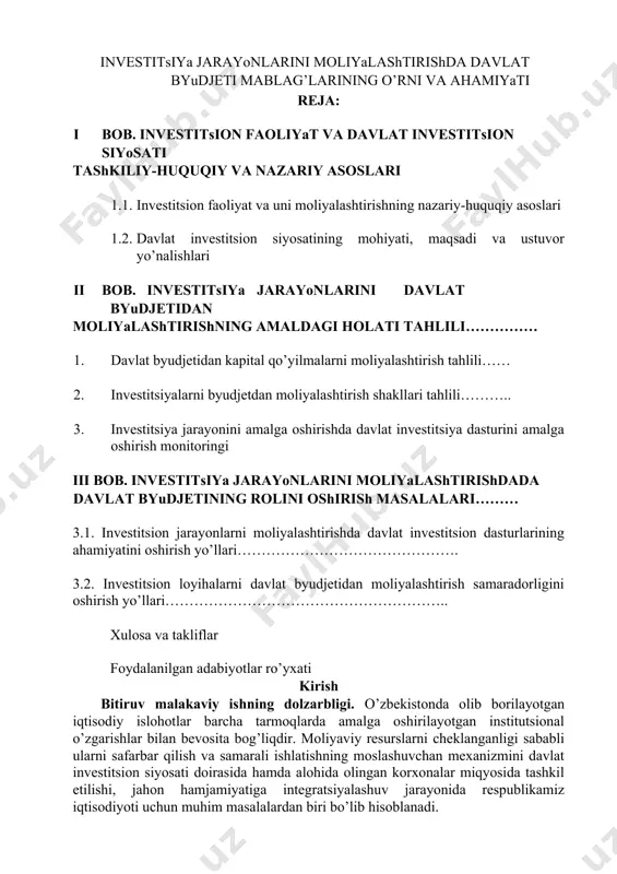 manbalar hisobidan texnik va texnologik qayta jihozlash uchun yo’naltiriladigan investitsiyalar hajmi 3 milliard 800 million dollardan oshgani yoki 2010 yildagi barcha kapital qo’yilmalarning 37,5 foizini tashkil etgani printsipial muhim ahamiyatga egadir. shu bilan birga bu ko’rsatkichlar 2011 yil yakunlariga ko’ra 2011-yilda moliyalashtirishning barcha manbalari hisobidan qiymati 10 milliard 800 million dollardan ortiq kapital qo’yilmalar o’zlashtirildi, bu 2010-yilga nisbatan 11,2 foiz ko’p demakdir. investitsiyalarning yalpi ichki mahsulotdagi ulushi 23,9 foizni tashkil etgani mamlakatimizda investitsiya jarayonlarining jadal faollashib borayotganidan dalolat beradi. o’zbekiston respublikasi iqtisodiyotida tuzilmaviy o’zgartirishlarni amalga oshirish kuchli investitsiya siyosatini olib borish bilan chambarchas bog’liqdir. bunda, investitsion siyosatning muhim dastaklaridan biri sifatida xorijiy investitsiyalari muhim ahamiyatga egadir. bu borada iqtisodiyotimizning real sektoriga qariyb 2 milliard 900 million dollar hajmida xorijiy investitsiyalar jalb qilindi, ularning 78,8 foizi to’g’ridan-to’g’ri xorijiy investitsiyalardir. yuqorida aytib o’tilgan jihatlar investitsiya jarayonlarini moliyalashtirishda davlat byudjeti mablag’larining o’rni va ahamiyatini yoritib berish mavzuning bugungi kunda dolzarb ekanligidan dalolat beradi. …