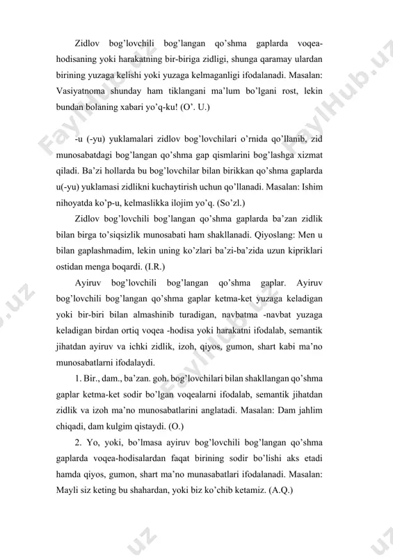 dalanib, bir zamonda shakllanganda, ko’pincha oxirgi kesim qo’llanmaydi: bular orasida bo’lib o’tgan mojarodan na umidaning xabari bor, na isroilning. (a.q.) matn talabi bilan inkor bog’lovchili qo’shma gaplarda ba’zan hamma kesimlar qo’llanmasligi mumkin: cho’chima jigarim, o’z uyingdasan bu yerda , na g’urbat, na ofat, na g’am. (g’. g’.) xullas, an’anaviy sintaktik ta’limotda bog’langan qo’shma gaplar: biriktiruv, zidlov, ayiruv va inkor bog’lovchili bog’langan qo’shma gaplarga ajratiladi. har bir tur nafaqat bog’lovchi vositalariga ko’ra, balki ularda aks etgan mazmuniy munosabatlar asosida ham o’zaro farqli belgilarini namoyon qiladi. bog’langan qo’shma gaplar ham barcha gap turlari kabi sintaktik shakl va u orqali ifodalanuvchi mazmunning dialektik birligidan tashkil topgan butunlikdir. bog’langan qo’shma gaplarda semantik birliklarning har bir o’z moddiy shakliga ega bo’lganda, shakl va mazmun birligi buzilmaydi. masalan, «bahor keldi va hamma yoq yashil libosga burkandi» gapida shakl va mazmun bir-biriga muvofiq. bog’langan qo’shma gaplarda shakl va mazmun munosabati. shakl va mazmunning dialektik birligi ba’zan ziddiyatli …