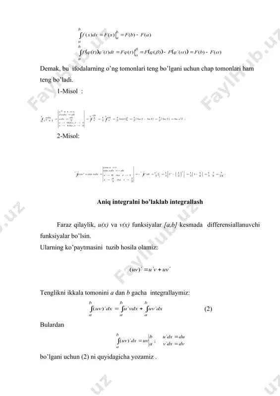 nyuton - leybnits formulasi. o’zgaruvchini almashtirish va bo’laklab integrallash yordamida aniq integralni hisoblash - Page 3