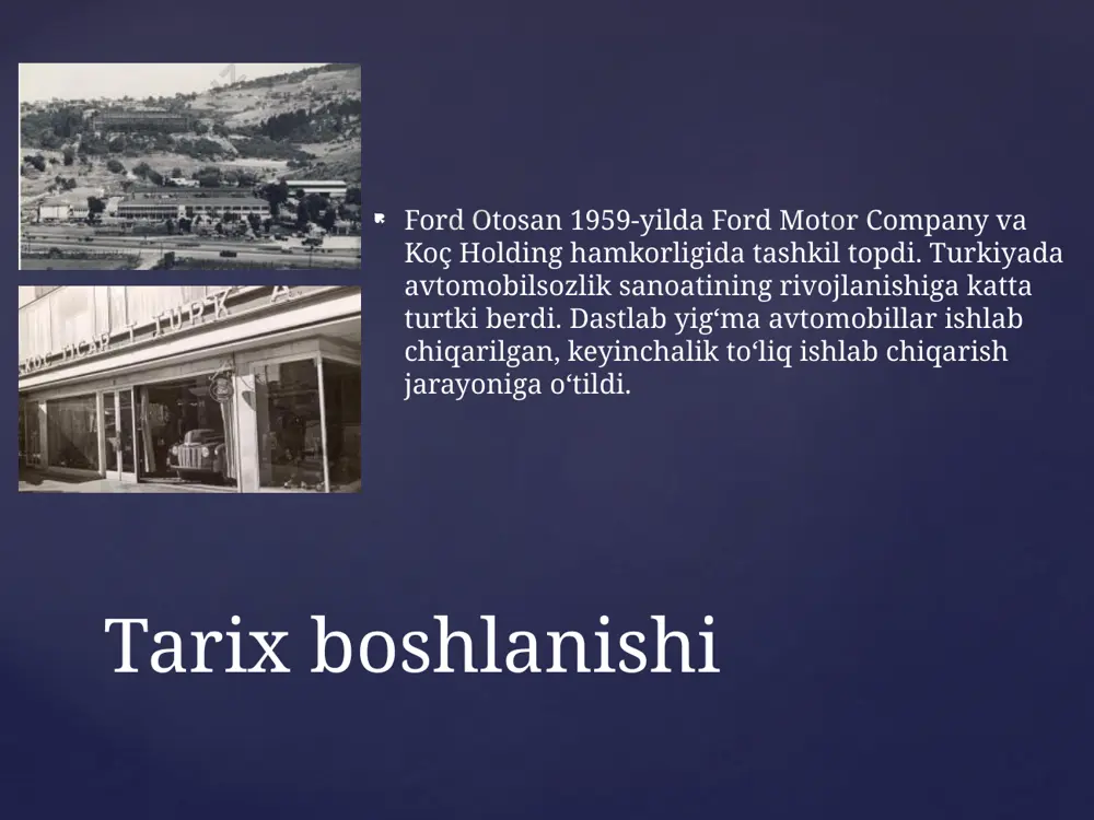 turlar asta-sekin yo‘qolmoqda. ekotizim muvozanati buzilmoqda. biologik xilma-xillik: ekotizimning zaiflashuvi ford otosan daraxt ekish loyihalarini amalga oshirmoqda. zavod atrofida yashil maydonlarni kengaytirish orqali ekologik muhit yaxshilanmoqda. yashil hududlar yaratish kompaniya uzoq muddatli rejalarda ekologik barqarorlikni asosiy maqsad sifatida belgilagan. yangi ekologik texnologiyalarni tadbiq qilish davom etmoqda. barqarorlikka intilish ford otosan ishlab chiqarayotgan mashinalarning katta qismi yevropaga eksport qilinadi. kompaniya global avtomobil bozorida muhim o‘rin tutadi. ford otosan va global avtomobil bozori ford otosan xodimlari uchun ijtimoiy sharoitlarni yaratadi. mahalliy hamjamiyat uchun ta’lim va ekologik loyihalarni qo‘llab-quvvatlaydi. ijtimoiy mas’uliyat elektromobillar va karbon neytrallik ford otosanning ustuvor yo‘nalishlaridan biridir. 2030-yilgacha elektr transport vositalarining ulushini sezilarli darajada oshirish rejalashtirilgan. innovatsiyalar va kelajak strategiyasi ford otosan iqtisodiy jihatdan muhim, lekin ekologik mas’uliyatni ham zimmasiga olgan. yangi texnologiyalar, qayta tiklanuvchi energiya va ekologik monitoring bu yo‘lda asosiy omillardir. yakuniy xulosa: masʼuliyatli ishlab chiqarish image2.png image3.png image4.jpeg image5.jpeg image6.jpeg image7.png image8.png image9.png /docprops/thumbnail.jpeg