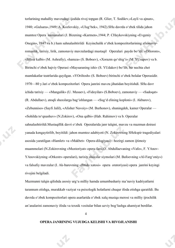rlari opera janrini mavzu jihatidan boyitishdi. shu davr ichida tarixiy — «mangulik» (u. musaev), «fidoyilar» (s.boboev), zamonaviy — «sadoqat» (r. abdullaev), atoqli shaxslarga bag‘ishlangan — «sug‘d elining koploni» (i. akbarov), «zebunniso» (sayfi jalil), «alisher navoiy» (m. burhonov), shuningdek, kamer operalar — «sohilda to‘qnashuv» (n.zokirov), «ona qalbi» (hab. rahimov) va b. operalar sahnalashtirildi.mustaqillik davri o‘zbek operalarida janr talqini, mavzu va mazmun doirasi yanada kengaytirilib, boyitildi: jahon mumtoz adabiyoti (n. zokirovning shekspir tragediyalari asosida yaratilgan «hamlet» va «makbet» opera-dilogiyasi) hozirgi zamon ijtimoiy muammolari (n.zokirovning «muxtoriyat» opera-farsi,o. abdullaevaning «vafo», f. yanov-yanovskiyning «orkestr» operalari), tarixiy shaxslar siymolari (m. bafoevning «al-farg‘oniy») va falsafiy mavzular (i. ak-barovning «ibtido xatosi» opera oratoriyasi) opera janrini keyingi rivojini belgiladi. mazmunni talqin qilishda asosiy urg‘u milliy hamda umumbashariy ma’naviy kadriyatlarni tarannum etishga, murakkab vaziyat va psixologik holatlarni chuqur ifoda etishga qaratildi. bu davrda o‘zbek kompozitorlari opera asarlarida o‘zbek xalq musiqa merosi va milliy ijrochilik an’analarini zamonaviy ifoda va texnik vositalar …