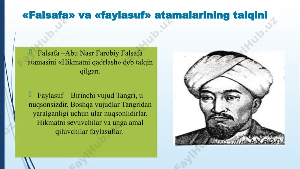 axo berishi, xulosa chiqarishi bo`lib, dunyoni inson ongidagi o`ziga xos in'ikosidir. insonning o`ziga va uni qurshab turgan borlikka bo`lgan munosabatlarini ifodalaydigan ko`nikmalari, malakalari, bilimlari hamda dunyoni amaliy va nazariy o`zlashtirishidir. mif – yunoncha mifhos so`zidan olingan bo`lib, afsona, rivoyat, hikoyat kabi ma'nolarini anglatadi. qadimgi davr kishilari ongi va tushunchasida inson, tabiat, jamiyat va koinotning paydo bo`lishi bilan bog`lik voqealar, shuningdek, tabiat va jamiyat hodisalarining aks etishidir. mifologik dunyoqarash – ijtimoiy taraqqiyotning boshlang`ich bosqichlariga xos bo`lib, dunyoni tushunishning oddiy usuli, xayoliy in'ikosidir. din – arabcha-ishonch, ishonmok demakdir. borlikni yaratuvchi va boshqaruvchi, adolatning yuksak namunasi, moddiy olamga xos bo`lmagan va ayni vaqtda barkamollikning oliy ko`rinishi sifatida tushuniluvchi oliy mavjudotga, ya'ni xudoga nisbatan munosabat, tasavvur, urf-odat va marosimlar majmuidir. diniy dunyoqarash – olamdagi voqea va hodisalar sabablarini ilohiy kuchlar, oldindan belgilangan maqsadlar bilan bog`lab tushunishdir image1.png image2.png image3.png image4.jpeg image5.jpeg image6.jpeg image7.jpeg image8.jpeg image9.jpeg image10.png