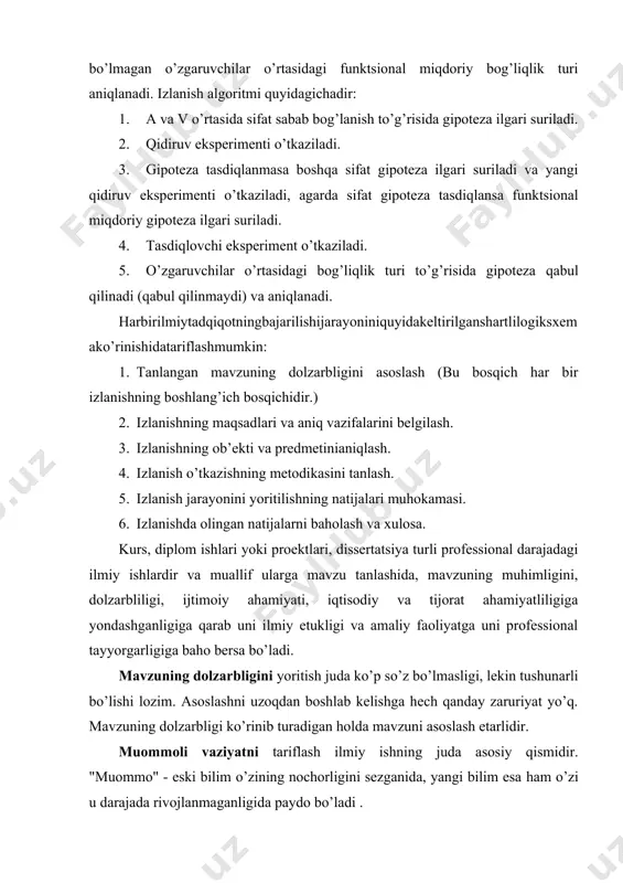 ni sezganida, yangi bilim esa ham o’zi u darajada rivojlanmaganligida paydo bo’ladi . demak, ilmdagi "muammo" – o’z vaqtida echish lozim bo’lgan "ziddiyatli" vaziyat. bunday vaziyat odatda yangi faktlar aniqlanish natijasida, qachonki ular oldingi nazariy izlanishlar va fikrlar doirasi tushmaydi, yani hech bir zamonaviy nazariyalar yangi- yangi aniqlangan faktlarni tushuntirib bera olmaydi. ilmiy tadqiqot maqsadi - bevosita sharoitlarni o’zaro qarama -qarshiligida hosil bo’ladi. ilmiy muammoning maqsadini ushbu jabhadagi etishmovchilikni aniqlashda ushbu taqchillikni bartaraf etish ehtiyojini sezishda ilmiy atamalarda muammoli hodisalarni tasvirlashda muammoni shakllantirishda seziladi. ilmiy tadqiqot oldiga qo’yilgan vazifaning tabiatiga ko’ra psixologik tadqiqotlarni 3 guruhga ajratish mumkin: a) ayrim hodisalar yoki shaxslar haqida ma`lumot to’plashga xizmat qiluvchi tajribalar. bunday tajribalarga tafakkur xususiyatlari, xotira tipini, sezgirlik darajasini aniqlashga qaratilgan tadqiqotlarni misol qilish mumkin. b) alohida psixik hodisani u yoki bu omilning ta`siriga bog`liqligini aniqlashga xizmat qiladigan tajribalar: masalan: esda qoldirishni materialning sifatiga bog`liqligini aniqlash va hokazo . v) ikki hodisa o’rtasidagi …