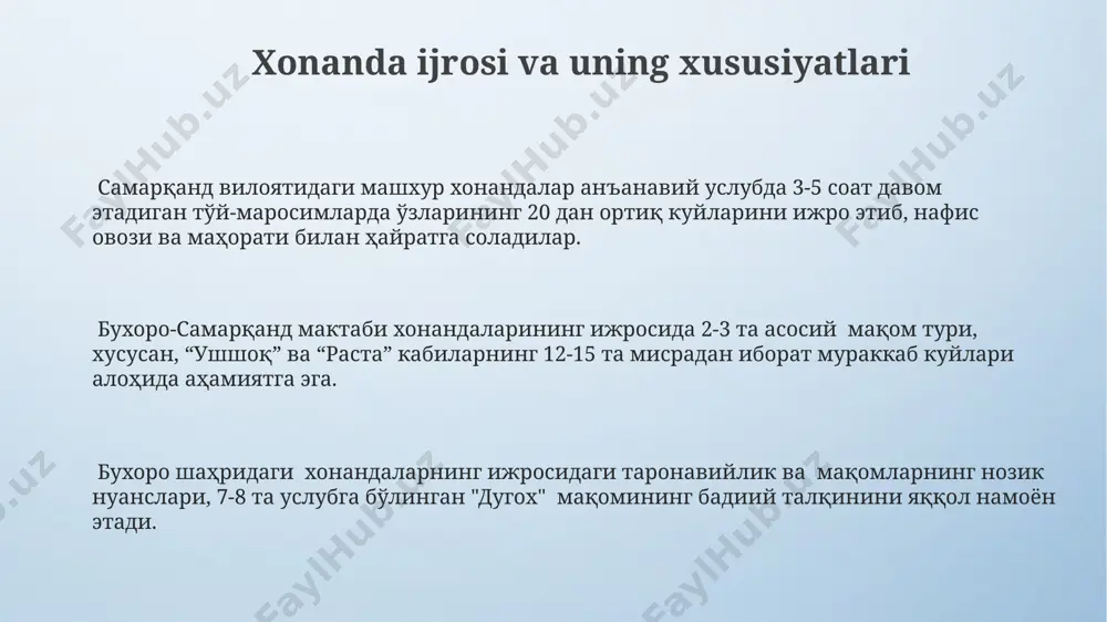 ргатилиши миллий мусиқа анъаналарига янгича ёндашувни белгилаб берди. xix асрда бухоро амири насруллонинг саройида 50 дан ортиқ мусиқачи ва хонандалар ижод қилиб, мусиқа таълимининг юксалишига ҳисса қўшган. buxoro-samarqand musiqasining oʻziga xos xususiyatlari buxoro-samarqand musiqasida 5 dan 7 gacha boʻgʻinli maqomlarning ustunligi, shuningdek, “shoʻr”, “rast”, “dugoh” kabi asosiy maqomlarning samarqand va buxoro shaharlaridagi oʻziga xos ijro uslublari kuzatiladi. buxoro va samarqanddagi musiqa ansambllarida 2-3 ta nay, 1-2 ta dutor, chang, doira va gʻijjak kabi cholgʻularning an’anaviy tarkibi mavjud boʻlib, ularning oʻzaro uygʻunligi ushbu mintaqa musiqasiga xosdir. 16-18 asrlarda buxoro amirligi va samarqand xonligida rivojlangan musiqa maktablari ushbu mintaqa musiqa uslubining shakllanishiga sezilarli ta’sir koʻrsatib, oʻziga xos ijro texnikasi va repertuarni yaratgan. mashhur buxoro-samarqand bastakorlari va ijrochilari buxoro va samarqanddagi musiqa maktablari 19-asrda 50 ga yaqin shogirdlarni tayyorlab, shular orasidan koʻplab mahoratli dutar, tanbur va rubob ijrochilarini yetishtirgan. 20-asrning birinchi yarmida buxoro-samarqand musiqa an'analarini rivojlantirishda kompozitor va xonanda otabek sultonov kabi 5 …