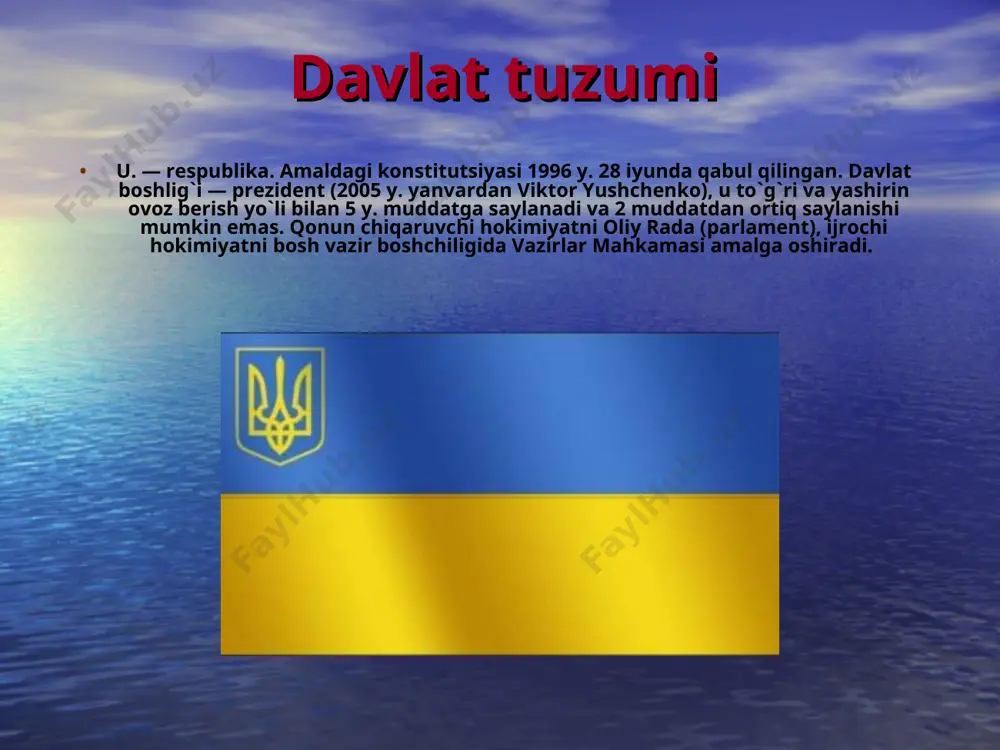 a partiyalari: u. xalq pyx (u. xalq harakati) harakati (1989), kommunistik partiya, sotsialistik partiya (1991), umumukrain birlashmasi — "batkivshchina" ("vatan", 1999), sotsialdemokratik partiya (birlashgan, 1995), regionlar partiyasi (2001), ko`katparvarlar partiyasi (1990). u. kasaba uyushmalari federatsiyasi (1990) va bir qancha mustaqil tarmoq kasaba uyushmalari ham mavjud. sanoati ogir industriyada i.ch. sanoatining ulushi juda katta. jumladan, konchilik sanoati, qora va rangli metallurgiya, kemasozlik, og`ir mashinasozlik, neft kimyosi va koks kimyosi sanoati, shuningdek, harbiy sanoat majmuasi rivojlangan. o`rmon, yog`ochsozlik, yengil va oziq-ovqat sanoati, binokorlik materiallari i.ch., avtomobilsozlik salmoqli o`rni tutadi. ilmfan yutuqlariga asoslangan sanoat tarmoqlari, ayniqsa, raketasozlikning ulushi ortib bormoqda. jumladan, u.ning "zenit" eltuvchi raketasi yordamida xalqaro "dengiz starti" loyihasining amalga oshirilishi ta`minlanmoqda. yirik issiqlik va atom elektr st-yalari, shuningdek, dnepr daryosidagi ges kaskadi (yiriklari dnepr, kremenchug , kaxovka geslari) energetikaning asosini tashkil etadi. 1986 y. chernobil aesda falokat yuz berishi oqibatida 3000 mvt quvvatli 3 ta energetika bloki 2000 y.dagi xalqaro kelishuvga …