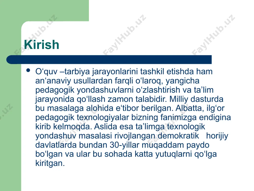 qiqotchilar, “pedagogik texnologiyaning tamoyillari: kafolatlangan yakuniy natija, ta‘limning mahsuldorligi, teskari aloqaning mavjudligi,ta‘lim maqsadining aniq shakllanganligi” kabilar deb talqin qilinadi. pedagogik texnologiyaning printsiplari: -pedagogik jarayonni loyihalashda pedagogik tizimning optimalligi, maqbulligi; -ta‘lim-tarbiya natijasining kafolatligi; -pedagogik jarayonning bir butunligi va tarkibiy qismlarning o‘zaro bog‘liqligi; -o‘qituvchi va o‘quvchi faolligining uyg‘unligi, tarbiyalanuvchi faoliyatini tashkil qilish; -inson va texnika resurslari, optimal vositalarni qo‘llash; -pedagogik jarayonni modellashtirish kabilar. ta’lim olish jarayonida yangi bilimlarni o‘rganishda insonlar bir qator bilish jarayonlariga murojaat qilishlari tabiiy. bu jarayonlar inson yosh xususiyatlariga ko‘ra takomillashib boradi. shu sababli ta’lim beruvchi bilan ta’lim oluvchi bu jarayonlarni funksiyalarini yaxshi tahlil qilishi lozim. insonni voqelik to‘g‘risidagi dastlabki ma’lumotlarni sezgilar orqali oladi. sezgi insonni voqelik bilan bog‘lovchi vosita hisoblanadi. bu bog‘lanishlar sezgi turlarini o‘rniga qarab bir necha turga ajraladi. tabiatan, besh sezgining funksiyasi bunda muhim o‘rin egallaydi. ta’lim texnologiyalari ta’limni texnologiyalashtirishning asosini, ta’lim jarayonini, uning samaradorligini oshirish va ta’lim oluvchilarni, berilgan sharoitlarda va ajratilgan vaqt ichida loyihalashtirilayotgan …