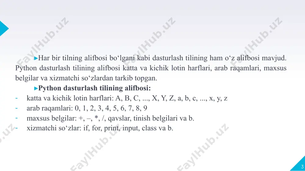 o'q. o'zgaruvchi unga birinchi marta qiymat bergan paytda yaratiladi. o‘zgaruvchi “=” belgisi yordamida satr yoki sonni o‘zlashtirishi mumkin va bu o‘zgaruvchining qiymati deb ataladi. o‘zgaruvchiga sonli qiymat berish uchun “=” belgisidan so‘ng son yoziladi. satrli qiymat berilganda esa “=” belgisidan so‘ng bittalik (' '), ikkitalik (“ ”) qo‘shtirnoq ichida satr yoziladi. 11 o‘zgaruvchi qiymatini o‘zgartirish. o‘zgaruvchi qiymatini o‘zgartirish uchun unga yangi qiymat berish kifoya. misol: >>> age = 18 >>> grad_age = age >>> print(age, grad_age) 18 18 12 o‘zgaruvchilarni o‘zaro ishlatish. ikkita o‘zgaruvchida birining qiymatini ikkinchisiga o‘zlashtirish uchun «=» belgisidan foydalaniladi. m: >>> age = 18 >>> grad_age = age >>> age = 22 >>> print(age, grad_age) 22 18 13 pythonda ma’lumotlar turlari ma’lumki, axborotlar matnli, raqamli, ovozli, grafik va boshqa shakllarda uzatilishi mumkin. bunday axborotlarni dasturlash tillarida qayta ishlash uchun, ularni turlarga ajratish lozim. dasturlarda foydalaniladigan ma’lumotlar turlari dasturning maqsadiga bog‘liq bo‘ladi: oddiy kalkulyator sonlardan foydalanadi, elektron pochta …