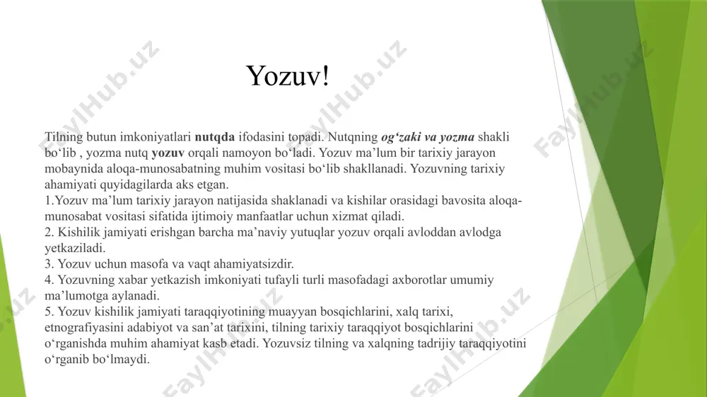 hozirgi vaqtda keng tarqalgan bo‘lsaham, kundalik hayotda yozuvning boshqa turlari ham uchrab turadi, chunki har bir turning o‘ziga xos afzalligi bor. masalan, piktografikyozuv odatda reklama ehtiyojlari uchun qo‘llaniladi. ideogrammalar ko‘cha harakatini ta’minlashda, matematika (1,6,10), kimyoda (h2o ) keng qo‘llaniladi.piktogramma va logogrammalarning hozirgi vaqtda ko‘plabqo‘llanilishiga sabab, ularning tushunchalarni aniq, qisqa va tejamliifodalashidir. masalan, 12+29=41 deb so‘zlar bilan yozsak, bizga ancha vaqt va joy kerak bo‘ladi. orfografiya so‘zi ikkita grekcha so‘zdan tashkil topgan, ya’ni orthos to‘g‘ri va grapho yozaman. demak, orfografiya so‘zining ma’nosi to‘g‘ri yozishdir. shu sababli orfografiyaning asosiy vazifasi alifboning yozuvdagi qo‘llanish qoidalari, so‘zlarning yozilishi va bo‘g‘in ko‘chirish qoidalarini o‘rganishdan iborat. tilshunoslik fanida harflarni ishlatishning bir necha usuli mavjud. ular quyidagilar: fonetik, fonematik, an’anaviy, morfologik va simvolik. fonetik prinsip. bunga asosan talaffuzda qanday tovush eshitilsa, shunga mos keladigan harf yozilishi lozim: qorin-qornim, burun-burnim. bunda tovush tushishi kuzatiladi. fonematik prinsip. bunga asosan tovushlar qanday talaffuz qilinishidan qat’iy nazar, bir xil yozilishini talab …
