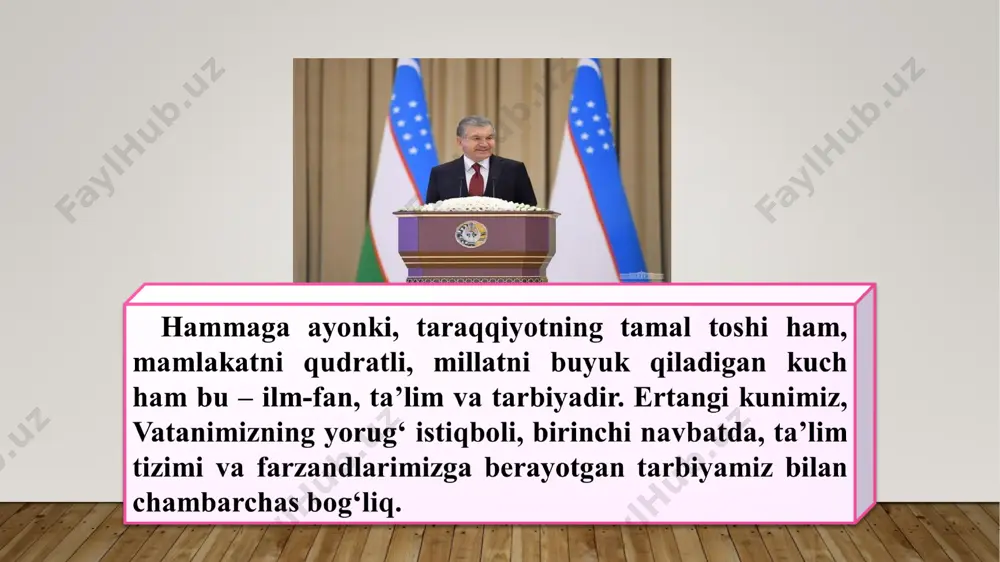 biya ishlariga e’tibor kuchaytirilib, o‘rta maxsus va oliy o‘quv yurtlari tizimida litseylar, kollejlar, biznes maktablari ochildi, 8 ta institutlar asosida universitetlar tashkil qilindi. 2000-yil boshlariga kelib, mamlakatimizda 61 ta oliy, 258 ta o‘rta maxsus o‘quv yurtlari, shu jumladan, 75 ta kollejlarda 360 mingdan ortiq talaba bilim olmoqda. mustaqilligimiz kelajagi yoshlar qo‘lida ekan bilimdon, ma’naviyatli, mustaqil fikrlab, mustaqil ish yuritadigan yoshlarni, yurtboshimiz ta’biri bilan aytganda, jamiyatimizning eng katta boyligi, millatimizning intellektual, aql-zakovat boyligi bo‘lmish yigit- qizlarimizni tarbiyalash mamlakatimiz hayotida birinchi darajali vazifa etib qo‘yilmoqda. bu borada “ulug‘bek” (1993 y), “umid” (1997 y.) jamg‘armalari olib borayotgan ishlar alohida o‘rin tutadi. faqat “umid” jamg‘armasi sinovlarida 1997-1999-yillar mobaynida 5500 nafar yoshlar qatnashib, 658 tasi prezident grantlariga sazovor bo‘ldi. 2000-2001-o‘quv yilidagi bu tanlovda 3000 nafar yoshlar bilimi sinovdan o‘tkazilib, ulardan 124 nafari xorijiy davlatlarning eng nufuzli o‘quv yurtlarida o‘qishga muyassar bo‘ldi. mustaqillik yillarida xalq ta’limini isloh qilish, kadrlar tayyorlash tizimini mustahkamlash sohasida muhim chora - …