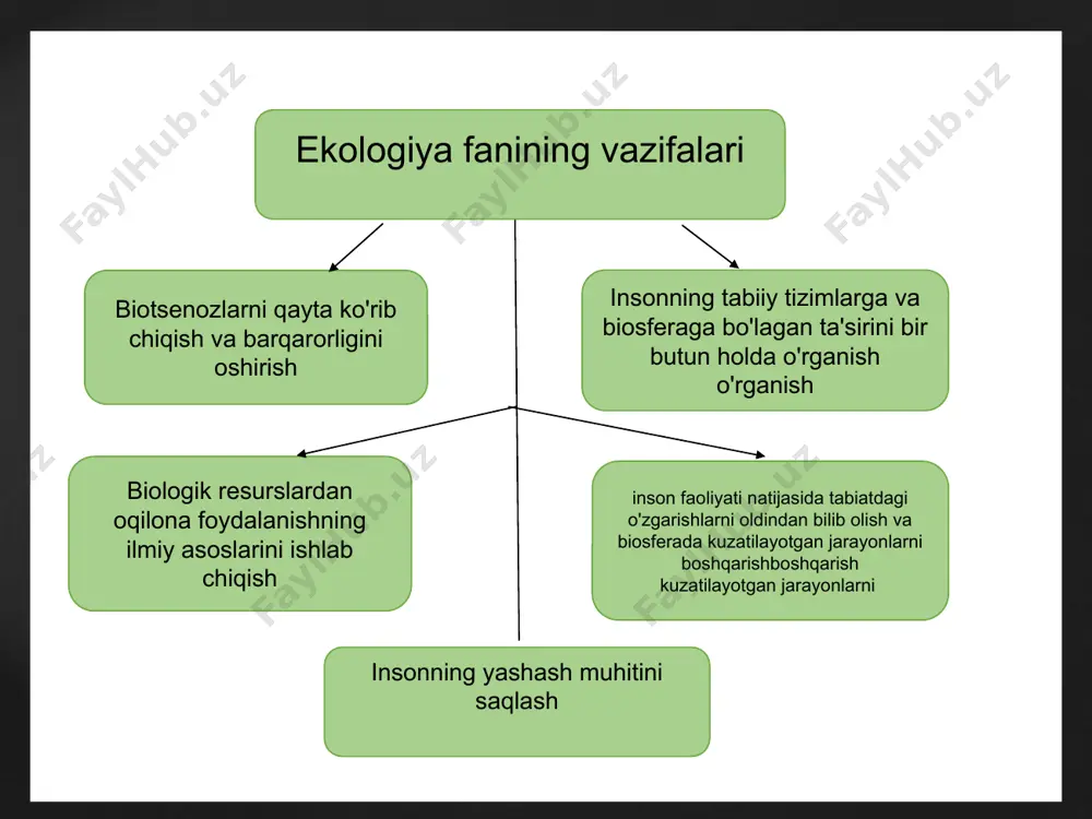 igan yuqumli kasalliklarning oldini olish, qimmatli hayvon turlarining kadastri va nazorat ishlari olib borildi. ushbu ilmiy ishlarga t.z.zohidov, a.m.muxammadiev, v.v.yaxontov, m.a.sultonov, g.o.olimjonov va boshqalar rahbarlik qildi. xx asrning ikkinchi yarmida hozirgi davr fanlarini “ekologiyalashtirish” boshlandi. bu esa ekologik bilimlarning katta ahamiyatga ega ekanligini bildiradi. demakki, hozirgi davrda ekologiya fanining kelajagi porloq, chunki insoniyatning sayyoramizda yashab qolishi, ko'p jihatdan ushbu fanning rivojlanish darajasi bilan bog'liq bo'lib qoladi. respublikamizdagi iqtisodiy imkoniyatlarni yanada yaxshila-shimiz, ekologik krizis (tanglik)ning oldini olishimiz, xalqimizning qadimdan shakl-langan ekologik madaniyatini tiklashimiz lozim. adabiyotlar ro'yxati: valukonis yu., muradov sh. osnovi ekologii. t. «o'qituvchi». 2001. to'xtaev a.s., xamidov a. ekologiya asoslari va tabiatni muhofaza qilish. t. «o'qituvchi». 1994. to'xtaev a.s. ekologiya. t. «o'qituvchi». 1998 y. shodimetov yu. ijtimoiy ekologiyaga kirish. t. «o'qituvchi».1994. p.s.sultonov, b.p.ahmedov «ekologiya va atrof muhitni muhofaza qilish asoslari». toshkent. «g'.g'ulom» nashriyoti. 2006 y. x.tursunov ekologiya. toshkent. “o'qituvchi” 2009 y. ekologiya xabarnomasi. jurnali sonlari. qo'shimcha adabiyotlar: beknazov r.u., novikov …
