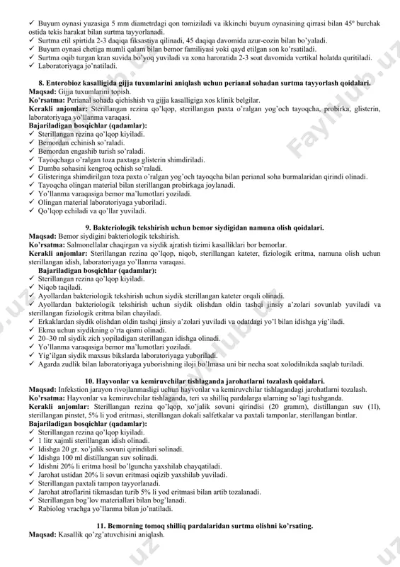 liklar. kerakli anjomlar: bemorning najasini olish uchun toza tuvak, sterillangan rezina qo’lqop, niqob, konservantlar (tiga, myuller), sterillangan tayoqcha yoki qoshiqcha, laboratoriyaga yo’llanma varaqasi. bajariladigan bosqichlar (qadamlar): · sterillangan rezina qo’lqop kiyiladi, niqob taqiladi. · tuvakni xlor eritmasi bo’lmagan oqib turgan suvda chayiladi. · tuvakni najas olish uchun bemorga beriladi. · sterillangan tayoqcha yoki qoshiqcha olinadi. · najasning shilliq bor joyidan namuna olinadi. · najasning yiring va qonli qismidan olinmaydi. · olingan namuna konservantlarga (tiga, myuller) ekiladi. · dizenteriyada tiga muhitiga 1:3 nisbatda ekiladi. · salmonellezda myuller muhitiga 1:5 nisbatda ekiladi. · laboratoriyaga yo’llanma varaqasiga bemorning ma’lumotlari va taxminiy tashxisi yoziladi, maxsus biksda laboratoriyaga yuboriladi. 5. ko’kyo’tal kasalligida bemordan bakteriologik tekshirish uchun “yo’tal plastinka” usulida namuna olishni tushuntiring. maqsad: tashxisni tasdiqlash va davo choralarini tanlash uchun ko’kyo’tal qo’zg’atuvchisini ajratib olish. ko’rsatma: davomli yo’talayotgan bemorlar. kerakli anjomlar: kazein-ko’mir agari yoki borde-jangu muhitli petri kosachasi, laboratoriyaga yo’llanma varaqasi, sterillangan rezina qo’lqop, niqob, sterillangan …