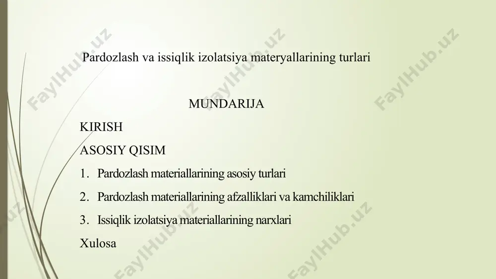 raventin -150000-500000 somgacha (20kg) vinil oboy rulon -125000-300000 so`mgacha 8 issiqlik izolatsiya materiallarining narxlari mineral paxta qimmatroq, lekin samaraliroq. penopolistirol arzonroq, lekin kamroq samarali. ecowool ekologik toza, o'rtacha narx. 9 yangi pardozlash va issiqlik izolatsiya materiallari nanobo'yoqlar aerogel nanoboyoqlar — bu zamonaviy texnologiyalar asosida ishlab chiqarilgan, tarkibida nanozarrachalar (odatda <100 nanometr) bo‘lgan bo‘yoqlardir. ular oddiy bo‘yoqlardan farqli o‘laroq, yuqori chidamlilik, o‘zini tozalash, antibakteriallik, issiqlik yoki sovuqlikni qaytarish kabi maxsus xususiyatlarga ega. aerogel — bu eng engil va eng kam zichlikka ega bo‘lgan, juda ko‘p bo`shliq (poroz) strukturalarga ega nano materialdir. u asosan kremniy dioksid (sio₂) asosida tayyorlanadi va 90–99.8% gacha havodan iborat bo‘ladi, ya’ni deyarli “havo qattiq shaklda” deyish mumkin. 10 xulosa va savollar ushbu taqdimot sizga pardozlash va issiqlik izolatsiya materiallarini tanlashda yordam beradi degan umiddaman. savollaringiz bo'lsa, marhamat. 11 image1.png image2.png image3.png image4.png image5.png image6.png image7.png image8.png image9.png image10.png image11.png image12.png