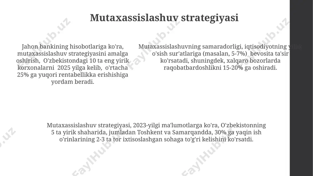 nishga undaydi. mutaxassislashuv – bu 21-asr iqtisodiyoti uchun muhim bo'lib, jahon bo'ylab 100 dan ortiq mamlakatlarda yuqori malakali mutaxassislarga talab ortib bormoqda, shu jumladan o'zbekistonda ham. 2023-yil ma'lumotlariga ko'ra, aqshda mutaxassislashgan sohalarda ish haqi o'rtacha 25% yuqori bo'lib, bu mutaxassislarga yuqori daromad va yaxshi martaba imkoniyatlarini beradi. mutaxassislashuv turlari mutaxassislashuvning vertikal turi, masalan, dasturchi 3 yildan so'ng backend mutaxassisiga, keyin esa java yoki python kabi aniq bir yo'nalishga ixtisoslashishi mumkin, bu esa toshkentdagi it kompaniyalarda talab yuqori. geografik mutaxassislashuv, masalan, 5 yillik tajribaga ega bo'lgan shifokor qoraqalpog'iston respublikasiga ko'chib o'tib, mahalliy sharoitga moslashgan tibbiyotning muayyan sohasida ixtisoslashishi mumkin. geografik mutaxassislashuv, masalan, 5 yillik tajribaga ega bo'lgan shifokor qoraqalpog'iston respublikasiga ko'chib o'tib, mahalliy sharoitga moslashgan tibbiyotning muayyan sohasida ixtisoslashishi mumkin. mutaxassislashuvning kelajagi jahon iqtisodiyoti forumining hisobotiga ko'ra, 2030-yilga qadar dunyodagi 85 million ish o'rni avtomatlashtiriladi, shuning uchun mutaxassislarning tor yo'nalishdagi chuqur bilimlarga ega bo'lishi muhim ahamiyat kasb etadi. 2050-yilga kelib, o'zbekistonning …