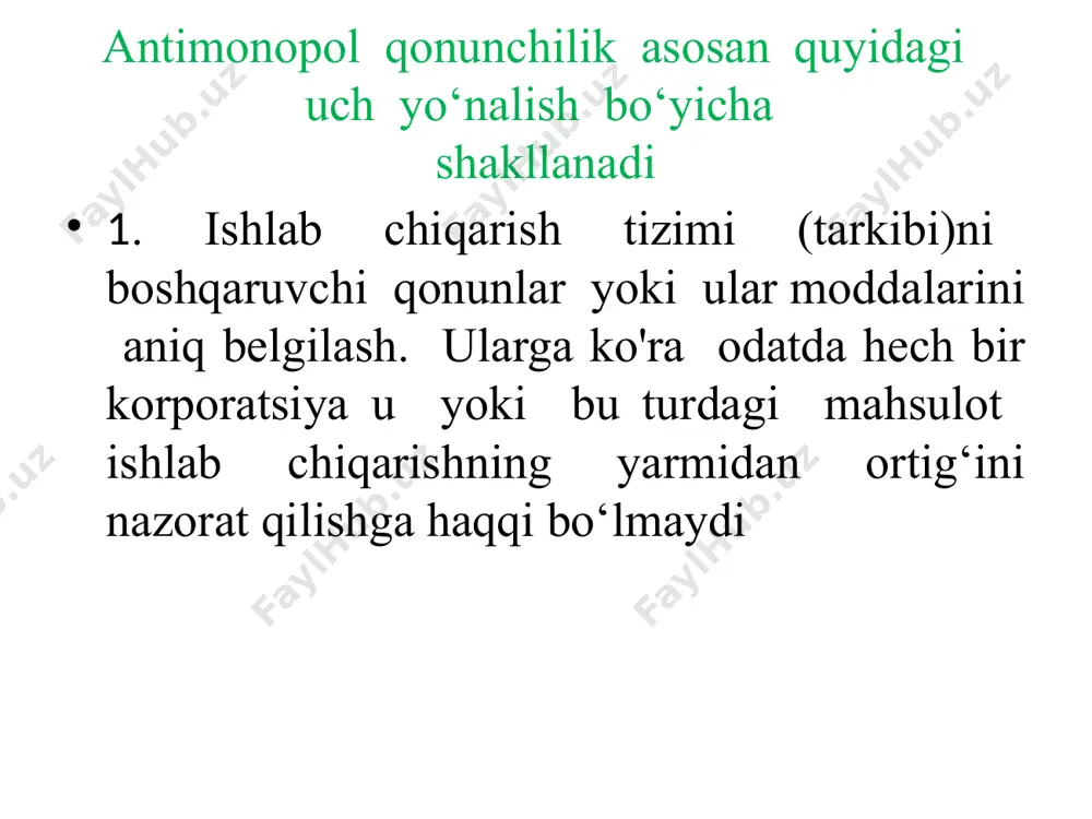 ni tahlil qilishdan maqsad har bir raqobatchi olib borishi mum­kin bo‘lgan strategiyadagi o‘zgarishlarning xarakterini va muvaffaqiyat qozonish ehtimolini bilishdan iboratdir” raqobat jihatidan bozor modellarining xususiyatlarini tahlil qilamiz o‘zbekiston respublikasining “raqobat to‘g‘risidagi” qonuni qonunchilik palatasi tomonidan 2023 йил 14 февралда qabul qilingan, senat tomonidan 2023 йил 2 мартда ma’qullangan bo‘lib ushbu qonun rasmiy e’lon qilingan kundan e’tiboran uch oy o‘tgach kuchga kirdi. 1-modda. ushbu qonunning maqsadi ushbu qonunning maqsadi tovar yoki moliya bozorlarida raqobatning cheklanishiga, shuningdek raqobat yoki tabiiy monopoliya sharoitlarida iste’molchilarning huquqlari va qonuniy manfaatlari kamsitilishiga olib keladigan yoki olib kelishi mumkin bo‘lgan harakatlarni nazorat qilishni amalga oshirish hamda ularga chek qo‘yish bilan bog‘liq bo‘lgan, raqobat sohasidagi munosabatlarni tartibga solishdan iborat. ushbu qonun 9-bob 49-moddadan iborat 4-modda. asosiy tushunchalar raqobat — xo‘jalik yurituvchi subyektlarning (raqobatchilarning) musobaqalashuvi bo‘lib, bunda ularning mustaqil harakatlari ulardan har birining tovar yoki moliya bozoridagi tovar muomalasining umumiy shart-sharoitlariga bir tomonlama tartibda ta’sir ko‘rsatish imkoniyatini istisno etadi …