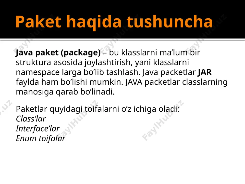 age one; //paket nomi class joylashgan papka nomi buladi. public class monkey { public void say() { system.out.println("monkey"); } } paket yaratish /home/dedexes/programs/java/one/two - popkasi ichida dog.java va cat.java fayllari mavjud. //dog.java package one.two; //package nomi yani papkalar nomi (.) bilan ajratilib yoziladi. public class dog { public void say() { system.out.println("dog"); } } //cat.java package one.two; public class cat { public void say() { system.out.println("cat"); } } paket yaratish ana endi asosiy dasturga o'tamiz. /home/dedexes/programs/java popkasida asosiy dasturim joylashgan deylik. fayl nomi testpackage.java // testpackage.java import one.*; //package'larni import qilyapmiz import one.two.cat; public class testpackage { public static void main(string []args) { monkey m = new monkey(); cat c = new cat(); one.two.dog d = new one.two.dog(); m.say(); c.say(); d.say(); } } paket yaratish import one.*; -> /home/dedexes/programs/java/one - popkasi ichidagi classlarni qo'shadi. import one.two.cat; -> /home/dedexes/programs/java/one/two - popkasi ichidagi cat clasini qo'shadi. paket yaratish kompilyatsiya: dedexes@localhost:~/programs/java$ javac testpackage.java …