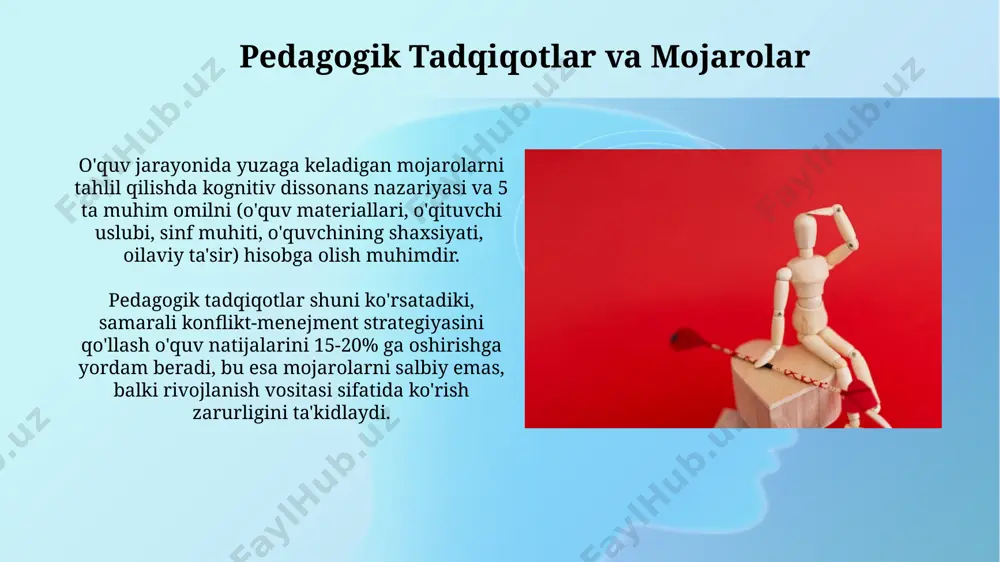 ntiga (masalan, 0.8 dan yuqori) ta’sir qiladi. mojarolarni hal qilishda 2-3 kishilik guruhlarda hamkorlik strategiyasini qo‘llash, muammoga 360 daraja yondashish imkonini berib, samaraliroq echimlarga olib keladi. maktab va oila o'rtasidagi mojarolar pedagogik mojarolarni hal qilishdagi samarali strategiya sifatida, o'qituvchilar va ota-onalar o'rtasidagi 2-3 marta uchrashuvlar, muloqotni yaxshilash va muammolarni birgalikda hal qilish imkonini beradi. oilaviy tarbiya uslublari va maktabning ta'lim yondashuvlari o'rtasidagi nomuvofiqlik, 30% dan ortiq hollarda o'quvchilarning stress darajasini oshirib, xulq-atvor muammolarini kuchaytiradi. madaniy xilma-xillik va pedagogik mojarolar o'qituvchilarning 60%i madaniy xilma-xillik sharoitida pedagogik mojarolarni hal qilishda etarli tayyorgarlikka ega emasligini tan olgan bo'lib, bu muammoni hal qilish uchun maxsus treninglarni tashkil etish zarurligini bildiradi. pedagogik mojarolarning 35%i o'quvchilarning turli madaniy kelib chiqishi va qadriyatlari o'rtasidagi to'qnashuvlar bilan bog'liq bo'lib, inklyuziv ta'lim yondashuvlarini qo'llash muhimligini ko'rsatadi. texnologiyalar ta'siri va yangi mojaro manbalari o'quvchilarning 70% ga yaqini ijtimoiy tarmoqlardan faol foydalanadi, bu esa o'z-o'zini boshqarish ko'nikmalarining yetarli emasligiga olib keladi …