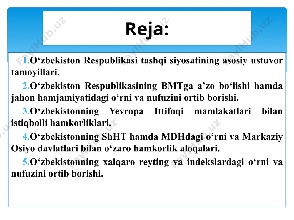 kelinmoqda. мavzuning dolzarbligi o‘zbekiston respublikasi tashqi siyosatining asosiy ustuvor tamoyillarini quyidagilar tashkil qiladi: • milliy-davlat manfaatlarini ustun qo‘ygan holda tashqi siyosatda davlatlarning suveren tengligini hisobga olish • umumbashariy qadriyatlarni ustun qo‘ygan xolda nizoli mojarolarni tinch yo‘l bilan hal etish • xalqaro huquq normalarini tan olgan xolda jahon hamjamiyatida xalqaro talablarga rioya qilish • barcha tinchliksevar davlatlar bilan tashqi aloqalarni o‘rnatishga intilish • tashqi siyosatda ko‘p tomonlama aloqalarni o‘rnatishda xalqaro tashkilotlar doirasida aloqalarni kengaytirish masalalari kiritildi • tashqi siyosatdagi teng huquqlilik va o‘zaro manfaatdorlikni o‘rnatishda boshqa mamlakatlarning ichki ishlariga aralashmaslik 1991 yil dekabrdan 1992 yil iyul oyigacha bo‘lgan davr ichida respublikani 111 davlat, 2015 yilga qadar esa o‘zbekiston mustaqilligini 180 dan ortiq davlat tan oldi. 2018 yilga kelib, ularning 134 tasi bilan diplomatik, siyosiy, iqtisodiy, ilmiy-texnikaviy va madaniy aloqalar o‘rnatildi. shuningdek, o‘zbekistonda 88 ta xorijiy mamlakatlar va xalqaro tashkilotlarning, 24 ta hukumatlararo va 13 ta nohukumat tashkilotlarning vakolatxonalari faoliyat ko‘rsatmoqda. 1992 …