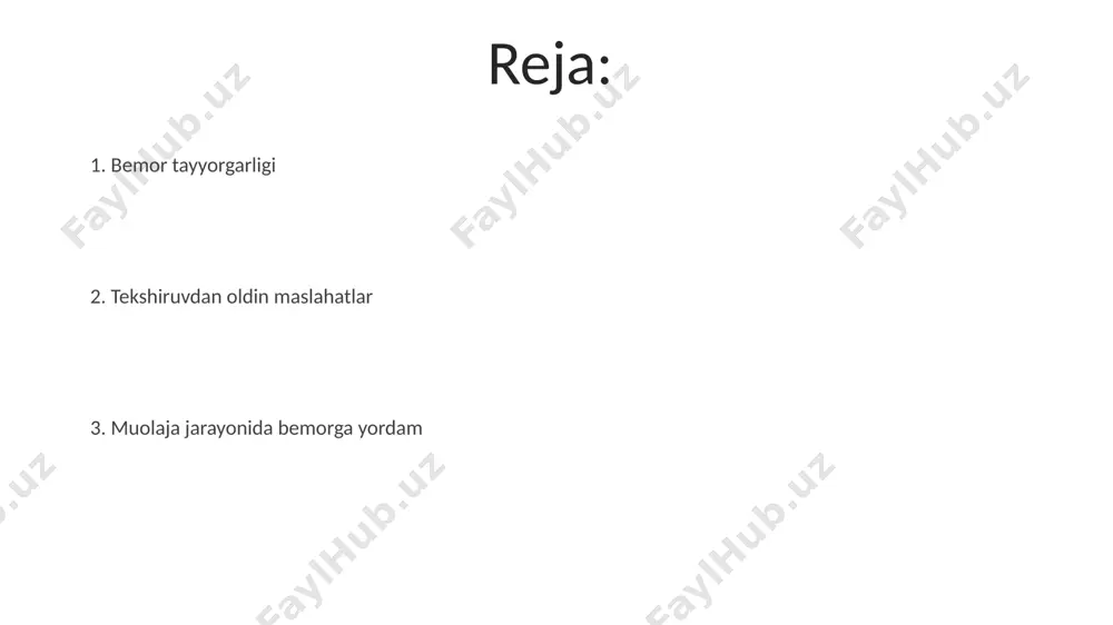 nalar yordamida tekshiruv o'tkaziladi va natijalar shifokor tomonidan batafsil tushuntiriladi. bemor tekshiruvdan oldin kamida 2 soat davomida ovqat yemasligi va suv iste'molini cheklash tavsiya etiladi, chunki ba'zi tekshiruvlarga bo'sh oshqozon kerak. qo'shimcha savollar va maslahatlar bemorga tekshiruvdan 24 soat oldin ovqat iste’mol qilishni cheklash, ayniqsa yog‘li va og‘ir ovqatlarni iste’mol qilmaslik tavsiya etiladi, chunki bu natijalarga ta’sir qilishi mumkin. agar bemorda allergiya yoki boshqa tibbiy holatlar mavjud bo'lsa, masalan, qon ivishini pasaytiradigan 3-toifa dori-darmonlarni qabul qilish, tekshiruvdan oldin shifokorga xabar berish juda muhim. tekshiruvdan keyingi parvarish bemorga tekshiruvdan keyingi 1-3 kun ichida og'riq qoldiruvchi vositalarni qabul qilish, dam olish va suyuqlik ko'p iste'mol qilish tavsiya etiladi. agar tekshiruv invaziv usul bilan o'tkazilgan bo'lsa, yarani 72 soat davomida kuniga 2 marta antiseptik eritma bilan davolash kerak. asbob-uskunalar bilan tanishtirish tekshiruvdan o'tadigan 2-3 ta asbob-uskunaning nomini va ularning qisqacha tavsifini berib, bemorga ularning ishlatilishi haqida tushuncha bering, qo'rquv va tashvishni kamaytirishga yordam …
