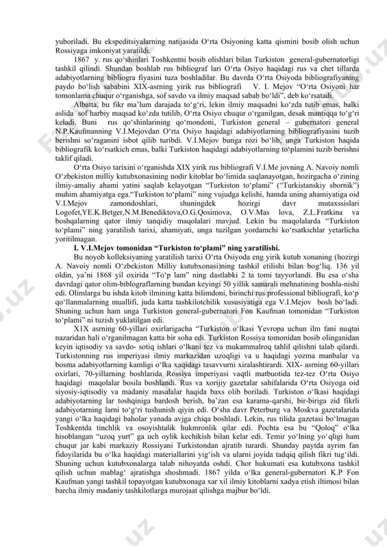 liyati ancha mashxur bulib, xayotining sungi 10 yilida unga yaxshigina muvaffakiyatlar keltirdi. uning „geodeziya", „xindiston", „mas’ud konuni" va boshka kupgina ishlari va 1036-yilda tugatgan „biobibliografiya" (arabcha „fixrist") bizgacha yetib kelgan. beruniy bibliografik ruyxatni tuzishda abu bakr muxammad ibn zakariyo roziy asarlariga bexuda tuxtalmadi. ar-roziyni uzining buyuk utmishdoshi, yirik eron filosofi, ximik, vrach va tabiiy sinovchi, urta asr shark va g‘arbning mashxur olimi sifatida tan olardi. beruniy ar-roziyning asarlarini eng ishonchli va obruli manba sifatida bilar va undan faoliyatida va asarlarida foydalanar edi va bu ar-roziy asarlarining kursatkichini tuzishga turtki buldi. 3. temuriylar davrida iktisod va madaniyat tez rivojlandi. xirotda tarixchi olimlar, yozuvchilar, madaniyat arboblari yashab ijod etdi. saroy kutubxonalari, madrasa va masjidlar, xususiy va jamoat kutubxonalari tashkil etildi. xirotning madaniy xayoti bevosita a. navoiy nomi bilan boglik. navoiy kalamiga mansub 60000 misradan iborat ulkan madaniy meros, adabiy asarlar besh asrdan beri insoniyatga, jaxon jamoatchiligiga xizmat kilib kelmokda. ularning kupchiligidan u …