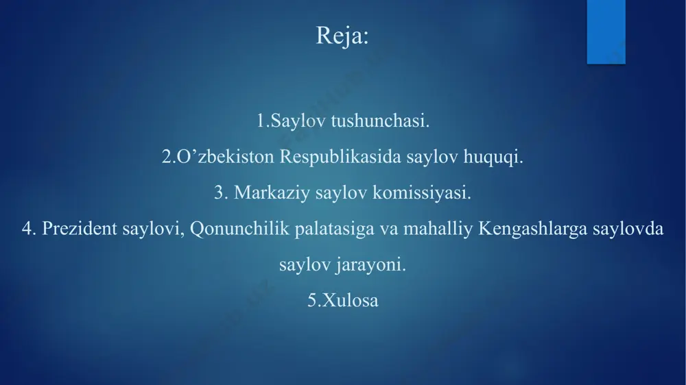 deb topilgan fuqarolar; og’ir va o’ta og’ir jinoyat sodir etganligi uchun sudning hukmi bilan ozodlikdan mahrum etish joylarida saqlanayotgan shaxslar: saylov komissiyalari 2019-yil 25-iyunda qonuniy kuchga kirgan saylov kodeksining 11-moddasiga ko’ra saylov komissiyalari tizimiga quyidagilar kiradi: markaziy saylov komissiyasi oliy majlis palatalari tomonidan kamida 15 nafar a’zodan iborat tarkibda tuziladi. markaziy saylov komissiyasi komissiya raisi, uning o’rinbosari, komissiya kotibi va komissiya a’zolaridan iborat. mahalliy saylov komissiyasi tarkibiga viloyat, tuman, shahar saylov komissiyalari kiradi. ular tegishli mahalliy kengashlar tomonidan saylovga kamida 80 kun qolganda 11-21 nafar a’zodan iborat tarkibda tuziladi. okrug saylov komissiyasi prezident saylovida markaziy saylov komissiyasi tomonidan saylovga kamida 70 kun qolganda 8-18 nafardan iborat tarkibda tuziladi. qonunchilik palatasiga saylovni o’tkazish bo’yicha okrug saylov komissiyasi markaziy saylov komissiyasi tomonidan, xalq deputatlari viloyatlar va toshkent shahar kengashlariga saylov o’tkazish bo’yicha okrug saylov komissiyasi esa tegishli viloyat, toshkent shahar saylov komissiyasi tomonidan saylovga kamida 70kun qolganda 9- 11 nafar a’zolaridan iborat …