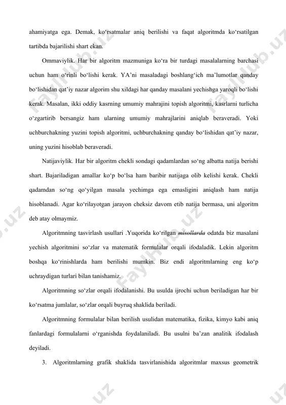 muloqotini qulayroq amalga oshirish uchun mo‘ljallangan. blok-sxemalarni tuzishda foydalaniladigan asosiy sodda geometrik figuralar quyidagilardan iborat: ^mi bеlgilаnishi bаjаrаdigаn yаzifаsi jarayon bir yoki bir nechta amallarni bajarilishi natijasida ma,lumotlarning uzgarishi karor o biror shartga boglik ravishda algoritmning bajarilish yunalishini tanlash shakl uzgartirish dasturni uzgartiruvchi buyruk yoki buyruklar turkumini uzgartirish amalini bajarish аvval aniklangan jarayon оldindan ishlab chikilgan dastur yoki algoritmdan foydalanish kiritish chikarish / / ахborotlarni kayta ishlash mumkin bulgan shaklga utkazish yoki olingan natijani tasvirlash displey 01- misol: y = max, ya’ni 5>3 ni tekshiramiz, shart bajarilsa, max=5 bo‘ladi. i max, ya’ni 1>5, ni tekshiramiz. shart bajarilmadi, demak, keyingi i<n shartni, ya’ni 3<3 ni tekshiramiz. shart bajarilmadi. demak max=5 chop etiladi. biz blok-sxemani tahlil qilish davomida uning to‘g‘riligiga ishonch hosil qildik. endi ixtiyoriy n lar uchun bu blok-sxema bo‘yicha eng katta elementni topish mumkin. image2.jpeg image3.jpeg image4.jpeg image5.jpeg image6.jpeg image7.jpeg image8.jpeg image9.jpeg image10.jpeg image11.png image12.png image13.png image14.png image140.png image15.jpeg image16.png …