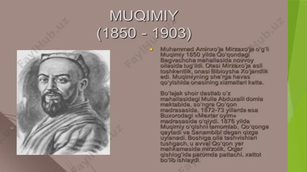 tish qizg‘in olib borildi. gazeta va jurnallarda qator maqolalar e’lon qilindi. bu xayrli ishning boshida otaxon shoirimiz g‘afur g‘ulom turdi. 4 muqimiydan boy ijodiy meros qolgan. shoiq, asosan, poeziya janrida ijod etgan bolsa da, asarlari ozining tematikasi va badiiy goyaviy xususiyatlari jihatidan rang barabngdir. muqimiydan bizgacha yetib kelgan merosning umumiy hajmi, hozircha, taxminan 10 ming misradan iboratdir. bu hazilakam meros emas. shu raqamlar ham shoirning barakali ijod qilganini korsatadi. ular lirik asarlar har xil gzallardan muxammaslardan tashkil topgan. muqimiy lirikasi gazal, muxammas, murabba, masnaviy, ruboiy, tuyuq, fard kabi janrlarida barakali ijod qildi. bu adabiy shakllarda qalam tebratib qolmay, uning takomiliga ham hissa qoshdi. muqimiy hajviyoti muqimiy dunyoqarashi va intilishlari bilan muhit oʻrtasidagi ziddiyat uning ijodida tanqidiy yoʻnalishni maydonga keltirgan. bu uning xajviyotida koʻproq aks etgan. hajviyoti mazmunan satira va yumorga boʻlinadi. satiralarida chor amaldorlari, ayrim mahalliy boylarning kirdikorlari ochib tashlangan („tanobchilar“, „toʻy“, „moskovchi boy taʼrifida“, „hajvi viktor boy“, „voqeai viktor“ …