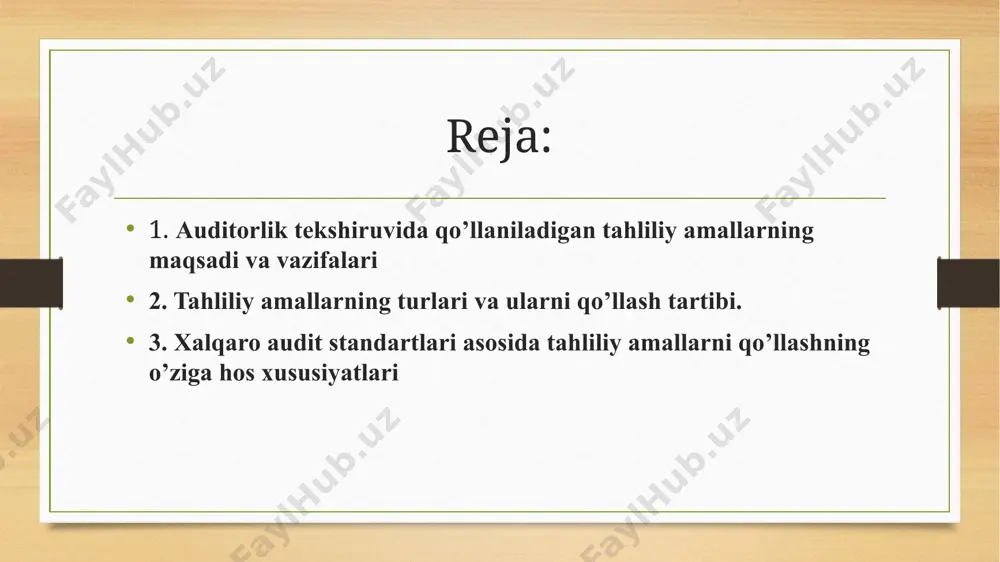 v faoliyati va xo’jalik dasturining bajarilishi;  ustav kapitalini tashkil etishning to’g’riligi va uning o’z faoliyati maqsadlariga muvofiq ishlatilishi;  korxonada mahsulotlarni etkazib berish bo’yicha shartnoma majburiyatlarining bajarilishini ishonarli, tezkor hisobga olishning tashkil etilishi, tayyor mahsulotlar etkazib berish majburiyatlarining bajarilishini hisobga olgan holda korxona xodimlari tomonidan belgilangan tartibga rioya qilinishi;  mahsulotlarni to’liq va o’z vaqtida etkazib bermaganlik natijasida ko’rilgan yo’qotishlar (jarimalar, peniyalar, neustoykalar va boshqalar);  chiqarilayotgan mahsulotlarni yangilashga doir ko’zlangan tadbirlarning bajarilishi; mahsulot sifati ko’rsatkichlari, brak va sifatsiz mahsulot etkazib berganlik uchun ko’rilgan zararlar;  mahsulot chiqarish ritmi, ritmsiz ishlash sabablari, sutkalik grafiklar bajarilmasligi oqibatida ko’rilgan zararlar;  xom ashyolar, materiallar va ishlab chiqarish chiqitlari-dan oqilona foydalanish;  korxona jamoasi maqsadlarning tizimi, har bir xodimga vazifalarning oqilona taqsimlanishi; ichki nazorat tizimini o’rganish auditor ichki nazorat tizimining ishonchliligini va tekshirish o’tkazishda unga tayanish mumkinligi haqida asosli qaror qabul qila olishi uchun bu tizimni o’rganadi. nazorat tizimining ishonchliligi, uning hisob …