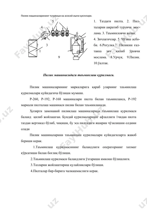 -) ишораси қўйилади. 2) водилкаси ғалтакка харакат берувчи дифференциал механизм. харакат узатиш сони. бу ерда; nб.в - бош валдан харакатланувчи ишчи орган айланиш тезлиги. дифференциал механизмлар аниқ ишлаши учун куйидаги талабларга жавоб бериши керак. 1.дифференциал механизмлар шестернялари цилиндрсимон бўлиши керак. 2.дифференциал механизм валлари ва втулкалари бир томонга айланиши керак. 3.сателит шестернялар бош валга нисбатан симметрик бўлиши керак. 4.дифференциал механизм подшипниклари шарикли подшипниклар бўлиши. 5.дифференциал механизмлар очиб ёпишга қулай бўлиши керак. пилик машиналаридаги чўзиш асбобларининг турлари. чўзиш асбобларининг асосий вазифаси, келаётган маҳсулот пилтани, керакли йўғонликда ингичкалаштириш, толалар учини тўғирлаш, параллеллашдан иборат. пилик машиналарида асосан қуйидаги типдаги чўзиш асбоблари мавжуд бўлиб уларга: 1) актив зонасида зичлагич ўрнатилган уч цилиндрли (р-260-3) . 2) хусусий чўзиш катталашиб борадиган тўрт цилиндрли (рт-132-3). 3) икки зонали тўрт цилиндрли (р-168-3, р-192-3). 4) уч ва тўрт цилиндрли (р-260-5, р-192-5). актив зонасига зичлагич ўрнатилган уч цилиндрли чўзиш асбоби. бу чўзиш асбобининг олдинги кам қувватли чўзиш асбобларидан р р р …