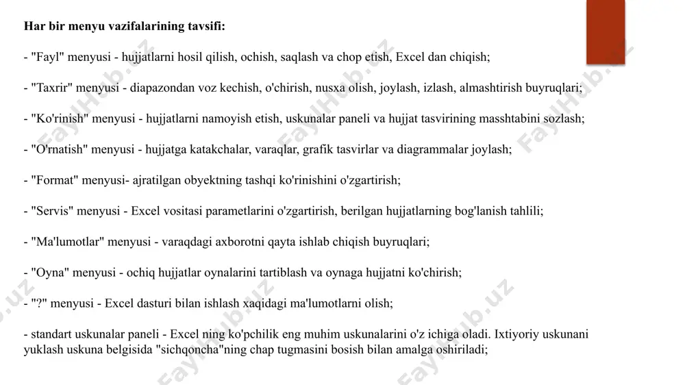 so'ngra enterni bosish kerak (klaviaturadan kiritilgan ma'lumotlar hamma yacheyka oraliqlarida paydo bo'ladi). ma'lumotlarni formula satri orqali yacheykaga kiritish uchun esa klaviaturada terish va formula satrida kiritish lozim. kiritilganlarni bekor qilish (enter bosilgunga qadar) esc tugmasi bilan amalga oshiriladi. kiritilganlarni bekor qilish (enter bosilgandan keyin) "to'g'rilash" menyusi yoki ctrl+z bilan amalga oshiriladi. yacheykalar oralig'idagi ma'lumotlarni tahrirlash uchun ishchi varag'ida yacheykalar oralig'ini ajratib, yangi ma'lumotlarni kiritib, so'ng enter ni bosish lozim. yacheykalarni nusxalash uchun nusxalanishi kerak bo'lgan yacheykalarni ajratib, "tuzatish" menyusidan "nusxalash" tugmasini bosish kerak. yacheykalar intervalini ajratish va ctrlqc ni bosib ta'kidlash, katakcha intervalining nusxasi qo'shimcha varaqda saqlanadi. katakchalar intervalining nusxasini qo'yish uchun: 1. katak intervalining nusxasi qo'yiladigan katakni ajratish, "tuzatish" menyusida "qo'yish" buyrug'ini tanlash yoki 2. katakni ajratib, "qo'yish" buyrug'ini tanlab, "sichqoncha"ning chap tugmasi bosiladi yoki 3. katakni ajratib, uskunalar panelida "qo'yish" tugmasi bosiladi yoki 4. katakni ajratib, ctrl+u ni bosiladi. g) ta'kidlash: katak oralig'ini o'zgartirish amalining oxirida nusxalash o'rniga …