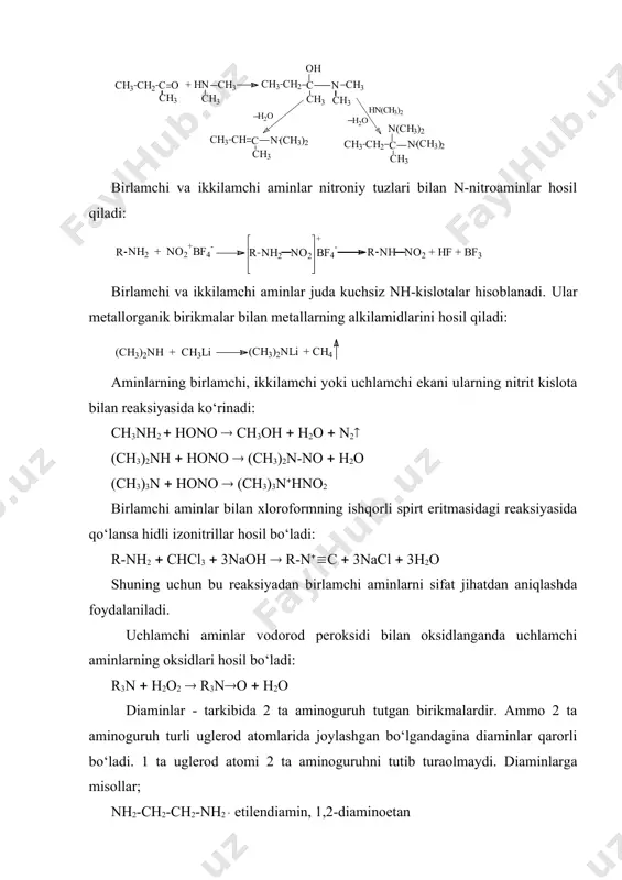 adi: r3n h2o2 r3no h2o diaminlar - tarkibida 2 ta aminoguruh tutgan birikmalardir. ammo 2 ta aminoguruh turli uglerod atomlarida joylashgan bo‘lgandagina diaminlar qarorli bo‘ladi. 1 ta uglerod atomi 2 ta aminoguruhni tutib turaolmaydi. diaminlarga misollar; nh2-ch2-ch2-nh2 ‘ etilendiamin, 1,2-diaminoetan h2n-(ch2)6-nh2 geksametilendiamin ular digalogenalkanlarga ammiak ta’sir ettirib olinadi: cl-ch2-ch2-cl 4nh3 nh2-ch2-ch2-nh2 2nh4cl diaminlar-dinitrillarni yoki dioksimlarni qaytarib olinishi ham mumkin. diaminlar birlamchi monoaminlarga o‘xshab kimyoviy reaksiyalarga kirishadi. bunda ular bitta yoki ikkala aminoguruh hisobiga reaksiyaga kirishishi mumkin: ular poliamidlar (neylon) olishda ishlatiladi. ular oraliq metallarning kationlari bilan barqaror kompleks birikmalar hosil qiladi. m-n, etilendiaminning cu2q kationi bilan bergan kompleksi quyidagicha tuzilishga ega: shuninng uchun etilendiamin analitik reagentlar (kom- pleksonlar) olishda ishlatiladi. metilamin, dimetilamin, trietilaminlar organik sintezda, dorivor moddalar olishda erituvchi, katalizator sifatida ishlatiladi. geksametilendiamin poliamid tola (neylon) olishda ishlatiladi. adabiyot: 1. o.ya neyland organicheskaya ximiya. m.: «viysshaya shkola». 1990. s. 394-402. 2.a.n. nesmeyanov, n.a. nesmeyanov nachala organicheskoy ximii. kniga 1. m.: …