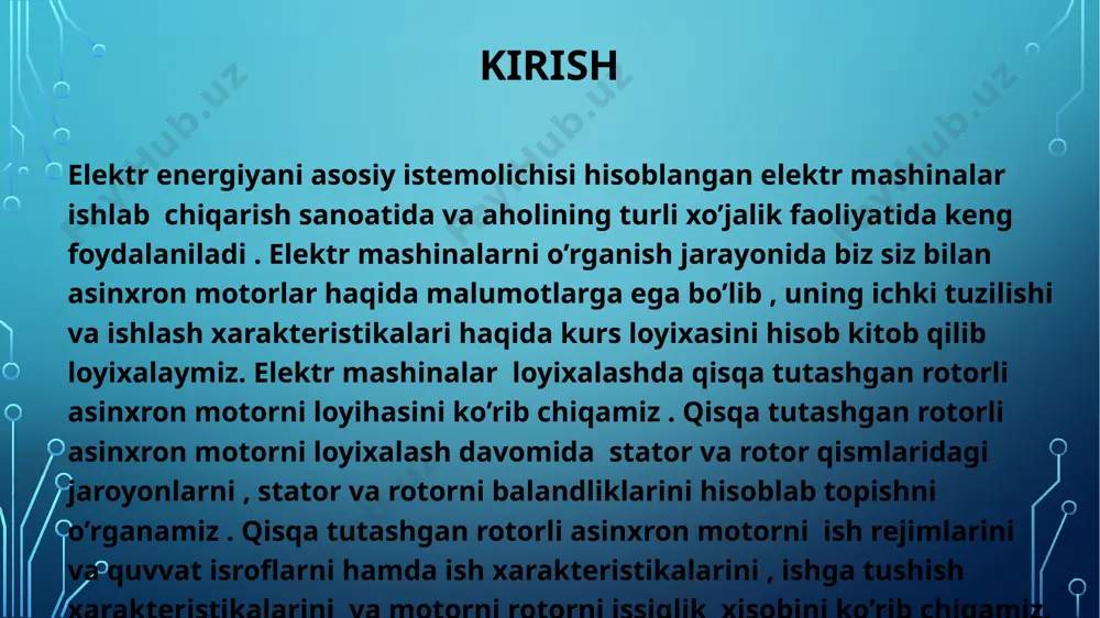 lama va magnit induksiyani aniqlash stator cho’lg’ami pazlari, o’ramlari soni va kesm yuzalarini tish qatlami va xavo oralig’i o’lchamlarini aniqlash tish bo’linmasining chegaraviy qiymatlarini 3-rasmdan va bo’lishi mumkin bo’lgan tishlar soni oralig’ini aniqladim: tz1max=18mm va tz1min=16 mm. bu qiymatlar yordamida stator pazlarini aniqlab oldim z = 25 ta . bu punktida asosan pazdagi oʻramlar sonini w=104.6 elektromagnit yuklama a=23* a/m , mashina hovo oraligʻini magnit oqimini =17* vb va magnit induksiyalarni =0.2.4tl hisobladim . stator choʻlgʻamidagi tok zichligini j1=7.4*10⁶ a/m² . 3-rasm . tish boʻlinmasining chegaraviy qiymatlari stator cho’lg’ami pazlari, o’ramlari soni va kesm yuzalarini tish qatlami va xavo oralig’i o’lchamlarini aniqlash stator tishining kengligi bz1=10mm , stator pazining balandligi hp= 25.5mm va motorni statorini yuqori b1=6.42 mm va pastki tomoni uzunligi b2=3.38 mm , choʻlgʻam joylashdigan balandlik h1=25.15mm va simlar joylashi uchun pazning koʻndalang kesim yuzasini s’p= 203mm² boʻldi. ish rejimining parametrlarini xisoblash ish rejimlari parametrlarini hisoblashda stator va …