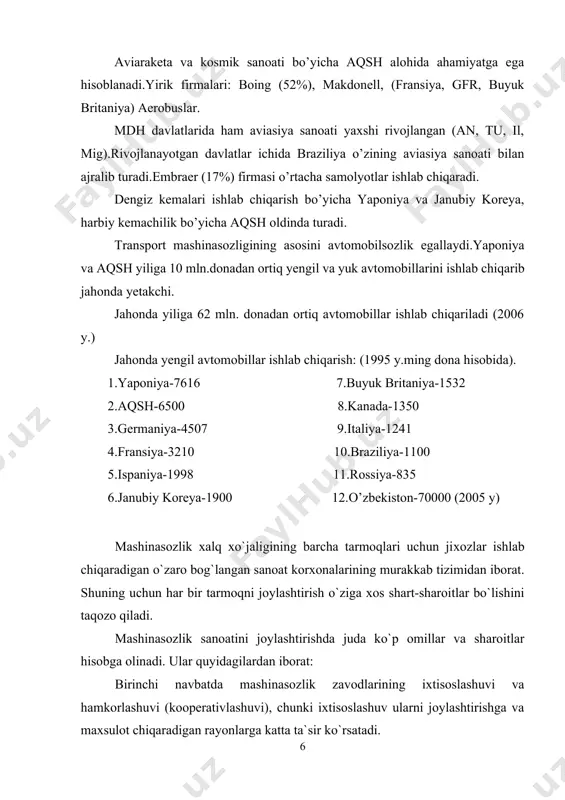 ni bitta korxonada ishlab chiqarish iqtisodiy jixatdan noqulaydir. shuning uchun mashinasozlikda ixtisoslashishga katta e`tibor beriladi. mashinasozlikda ixtisoslashishning uch turi ajratiladi: a) ayrim qismlarni (detallarni) ishlab chiqarishga ixtisoslashish. masalan, g`ildiraklar, rezina-texnika buyumlari, porshenlar, podshivniklar va boshqa detallar ishlab chiqaradigan zavodlar; b) ma`lum bir maxsulot turini ishlab chiqarishga ixtisoslashish. masalan, avtomobil, traktor, stanok va boshqa xil mashinalar ishlab chiqaradigan zavodlar; v) ayrim texnologik jarayonni bajarishga ixtisoslashish (turli xil sexlar). xom ashyoning xilma-xilligi va mashinalar tuzilishining hususiyatlari ayrim qismlarni ishlab chiqaruvchi bir qancha mashinasozlik korxonalarining bir-biri bilan, shuningdek boshqa tarmoqlarning metall, plastmassa, rezina va xokazolarni yetkazib beruvchi korxonalari bilan hamkorlashuvini (kooperativlashuvini) talab qiladi. bunday korxonalar bilan muntazam hamkorlik qilish uchun transport rivojlangan bo`lishi kerak. shuning uchun qulay transport magistrallarining bo`lishi mashinasozlik tarmoqlarini joylashtirishda albatta hisobga olinadi. zamonaviy mashina ishlab chiqarish texnologik jarayonlarning murakkabligi bilan ajralib turadi. murakkab texnologik jarayonlarni faqat yuqori malakali ishchilarni ilmiy-texnik xodimlar bajarishi mumkin. shuning uchun ham mashinalarning tan narxi …