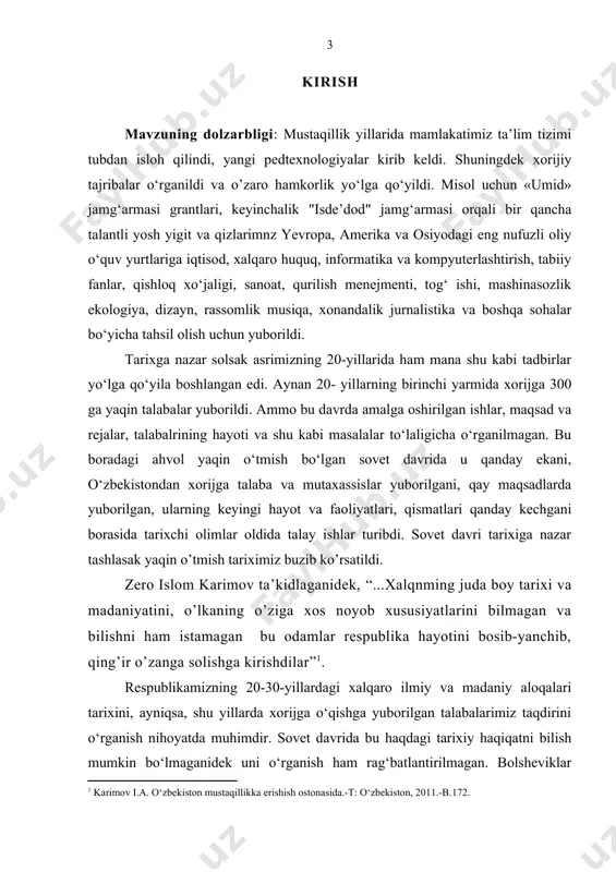 h mumkin edi. ma’rifatparvarlik biz uchun bugun ham o‘z ahamiyatini yo‘qotgani yo‘q, yo‘qotmaydi ham. aql-zakovatli, yuksak ma’naviyatli kishilarni tarbiyalay olsakkina, oldimizga qo‘ygan maqsadlarga erisha olamiz, yurtimizda farovonlik va taraqqiyot qaror topadi. agar shu muammoni yecholmasaq barcha toat-ibodatlarimiz bir pul: taraqqiyot ham, kelajak ham, farovon hayot ham bo‘lmaydi. shu nuqtai-nazardan qaraganda, o‘zbekistonning xorijiy dunyo bilan madaniy va ma’rifiy aloqalari tarixining sovet davrini o‘rganish bugungi kunimiz uchun muhim ahamiyat kasb etadi. 20-yillarida turkistondan xorijga o‘qishga yuborilgan yigit va qizlarning o‘qish va ish faoliyatlari, istibdod davridagi ogir qismatlari, shu bilan barobar ularning xorijiy ilmiy va madaniy alotsalarimiz tarixidagi urni va ahamiyatlarini o‘rganish ushbu bitiruv malakaviy ishining asosiy mazmunini tashkili qiladi. shuni qayd etish zarurki, shu vaqtga qadar mazkur mavzuda asosan maqolalar, publistik ishlar chop qilingan bo‘lib, yaxlit monografik ishlar yo‘q- bular ichida qatog‘onlardan cho‘chib turkistonga qaytolmagan va xorijda yashab ijod qilgan talabalrning maqolalari ayniqsa e’tiborlidir. shuningdek turkistonga qaytib kelgan va qatog‘onlarga uchragan talabalardan …