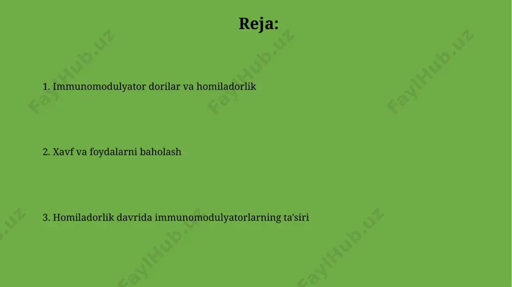holatini nazorat qilish uchun muhimdir. immunosupressantlarning homiladorlikka ta'siri azatioprin kabi immunosupressantlarni qabul qilish homilada infeksiya xavfini oshirishi mumkin, bu esa 5% ga yaqin homiladorlikni murakkablashtirishi mumkin. siklosporin kabi ba'zi immunosupressantlar platsentadan o'tib, homilaga salbiy ta'sir ko'rsatishi mumkin, bu esa kam vaznli chaqaloq tug'ilishiga olib kelishi mumkin. immunomodulyator dori vositalarining umumiy tavsifi ba'zi immunomodulyatorlar hujayra vositachiligi immunitetini, boshqalari esa humoral immunitetni bostiradi yoki faollashtiradi, bu esa ularning homiladorlikka ta'sirini aniqlaydi. immunomodulyatorlarning homiladorlik davrida qo'llanilishi b toifasi (hayvonlarda teratogen ta'sir ko'rsatmagan) yoki c toifasi (hayvonlarda teratogen ta'sir ko'rsatgan) dorilar bo'lishi mumkin, shuning uchun ehtiyotkorlik bilan qo'llanilishi kerak. homiladorlik davrida immunomodulyatorlarni qo'llash monitoringi immunomodulyatorlarning homilaga ta'sirini baholash uchun 20-24 hafta va 30-34 haftalarda ultratovush tekshiruvi o'tkazilib, homilaning rivojlanishini va tuzilishini baholanadi. homiladorlik davrida immunomodulyatorlarni qo'llashda homilada tug'ma nuqsonlar xavfini aniqlash maqsadida amniotsentez kabi invaziv usullar qo'llanilishi mumkin, biroq bunday holatlarda xavf va foyda nisbati ehtiyotkorlik bilan baholanishi zarur. homiladorlik davrida immunomodulyatorlarni qo'llashning xavfi …