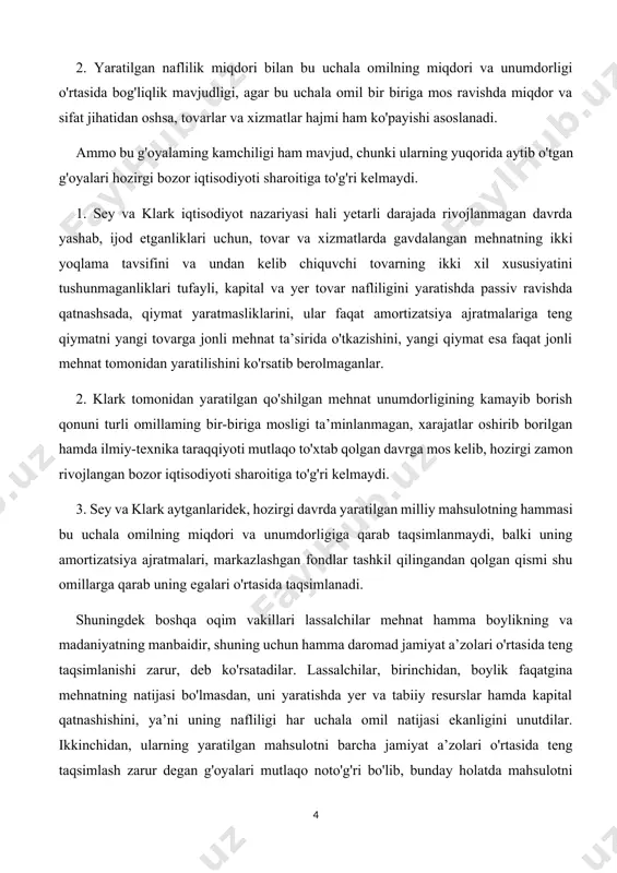 o‘rtasida taqsimlanadi. bunda daromadlaming bir qismi albatta umumjamiyat manfaatlarini ko'zlab ish olib boruvchi davlat ixtiyoriga kelib tushadi; 2. milliy mahsulotdan eng avvalo shu mahsulotni yaratishda qatnashgan ishlab chiqarish vositalarining qiymati, aniqrog’i, amortizatsiya summasi ajratib qo‘yiladi, chunki bu summa asosiy ishlab chiqarish vositalarini, ya’ni kapitalni qayta tiklash uchun zarurdir; 3. turli xil tabiiy ofat va favqulodda hodisalaming ta’sirini bartaraf qilish, ishlab chiqarish va xizmat ko'rsatishni bir maromda to'xtovsiz amalga oshirishni kafolatlash uchun sug'urta fondlari, qariyalar, bolalar, nogjronlar va turli boshqa kam ta’minlangan oilalarni himoya qilish uchun nafaqa hamda ijtimoiy himoya fondlariga ajratiladi; 4. davlatni boshqarish, mamlakat mudofaasini mustahkamlash, aholining tinch hayotini va mehnatini qo'riqlash, mamlakat miqyosida fan-madaniyatni, ta’lim tizimini, sog’liqni saqlashni rivojlantirish uchun fondlar ajratiladi. yalpi ichki mahsulotning yuqorida aytilganlardan qolgan qismi hozirgi bozor iqtisodiyoti sharoitida kapital, yer egalari va ishchi kuchi egalari o'rtasida taqsimlanadi va jamiyat a’zolarining ixtiyoriga kelib tushadi. chunki bu jarayon natijasida ishlab chiqarishda qatnashgan ishchi kuchi egasi …