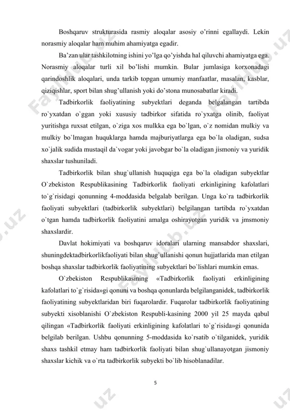 lari; tadbirkorlik, dehqon (fermer) xo`jaligi bilan hamda qonunda ta`qiqlanmagan boshqa faoliyat bilan shurullanishlari; yollanma mehnatdan foydalanishlari; yuridik shaxslar tashkil etishlari; bitimlar tuzishlari va majburiyatlarda ishtirok etishlari; yetkazilgan zararning to`lanishini talab qilishlari; mashg`ulot turini va yashash joyini tanlashlari; fan, adabiyot va san`at asarlarining, ixtironing, qonun bilan muhofazalanadigan boshqa intellektual faliyat natijalarining muallifi huquqiga ega bo`lishlari mumkin» (o`zbekiston respublikasining fuqarolik kodeksi, 18-modda). ana shu huquq layoqatiningdeyarli barchasi tadbirkor fuqarolarga ham taallukli. tadbirkor fuqarolar huquq layoqatidan to`liq foydalana olishlari uchun, albatga muomala layoqatiga ega bo`lishlari shart. hech bir kishi muomala layoqatiga ega bo`lmay turib, tadbirkorlik faoliyati bilan shug`ullana olmaydi. fuqarolarning muomala layoqati deganda, ularning ongli harakatlari bilan o`zlariga huquq va burch keltirib chiqara olish layoqati tushuniladi. muomala layoqati huquq layoqatidan farqlanadi. «muomala layoqatining huquq layoqatidan farqi shundaki, barcha fuqarolar ham muomala layoqatiga ega bo`lavermaydi. muomala layoqatiga ega bo`lish sharti shundan iboratki, muomala layokatiga ega bo`lgan fuqarolar aqli rasolik bilan o`z harakatlarining oqibatlarini tushunib, …