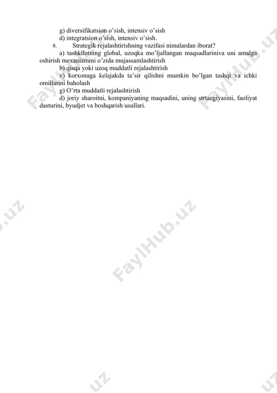 sh. marketing sohasida nazorat qilishni asosiy vazifalari quyidagi rasmda berilgan. 1974 yilda f. kotler marketingni nazorat qilishni ikki turini marketingni boshqarish tizimiga ta’sir etishini ko’rsatib o’tgan, ya’ni tashqi va ichki muhitni omillarini o’zgarish imkoniyatiga ko’ra – marketingni nazorat qilishni ochiq va yopik tizimlaridir. yopik nazorat tizimida marketing-menejment guruhi vaqilini to’g’ri aralashuvsiz reja va haqiqiy ko’rsatkichlarini solishtirish va ularni korrektirovka qilish amalga oshiriladi. ochiq nazorat tizimida esa aniq ko’rsatkichlarni kiritilayotgan korrektirovkasini baholash va maqsadga erishish darajasini tekshirishda marketing-menejment guruhini vaqilini faol qatnashishi ko’zda tutiladi. nazorat va mulohaza uchun savollar 2. korxonani o’sish strategiyasi qaysi yo’nalishda amalga oshiriladi va uni qanday bosqichlari mavjud? 3. korxonani taktik rejasini maqsadi va roli nimadan iborat? 4. intensiv o’sish deganda nimani tushunasiz? 5. integratsion o’sish mazmunini tushuntirib bering? 1. marketing faoliyatini nazorat qilishning qanday turlarini bilasiz? a) strategik nazorat b) yillik rejani bajarilishini nazorat qilish, foydadorlikni nazorat qilish, strategik nazorat v) foydadorlikni nazorat qilish, yillik rejaning …