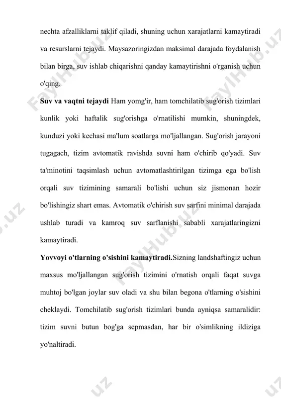 oki ildiz kasalligiga olib keladi. sug'orish tizimidan foydalanish sizning tuproq strukturangizni saqlab qoladi va o'simliklar oqim suvini emas, balki ozuqa moddalarini o'zlashtiradi.sug'orish tizimlarining afzalliklari bilan tanishganingizdan so'ng, keyingi savolingiz, ehtimol, bu: qanday qilib o'rnatishim mumkin. 2.loyiha uchun kerakli jihozlar, predmetlar smart irrigatsiya tizimida ishlatiladigan komponentlar ro'yxati komponent nomi komponent qiymati miqdori arduino bmt 1 bluetooth moduli hc-05-09 1 harorat va namlik sensori dht-11 1 tuproq namligi sensori fc-28 1 peristaltik nasos ab11 4 ledlar qizil, yashil va sariq 3 turli xil adapter 1 a, 6 v 1 3.loyiha uchun ajratiladigan mablag‘: 1 kv metr yer uchun 100 ming so’m prototip uchun 4.loyiha(mahsulot)ning tadbiqi(bozorga yo’naltirilganligi) : global aqlli sug'orish bozorining daromadi 2021 yilda 1 404,4 million dollarni tashkil etdi va 2021 va 2030 yillar oralig'ida yillik o'sish sur'ati 13,8% ga o'sishi kutilmoqda. samarali aqlli sug'orish tizimlari. bundan tashqari, ekstremal ob-havo sharoiti butun dunyo mamlakatlarida keng tarqalgan. bunday hududlardagi sug'orish tizimlari juda …
