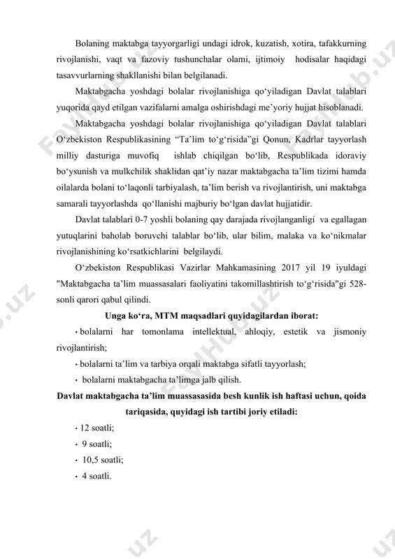 larda 7 yoshgacha qatnashga ruxsat berilgan). bolalarni mtmlarga qabul qilish uchun 5 kishidan iborat qabul komissiyalari tuziladi. davlat mtmlariga yo‘llanma olish uchun ota-onalar yoki ularning o‘rnini bosuvchi shaxslar tomonidan qabul komissiyasiga quyidagi hujjatlar taqdim etilishi talab qilinadi: · davlat maktabgacha ta’lim muassasasiga qabul qilish bo‘yicha yo‘llanma berish to‘g‘risida ariza; · bolaning tug‘ilganlik haqidagi guvohnomasining nusxasi; · bolaning otasi yoki onasining pasport nusxasi; · yashash joyidan ma’lumotnoma; · ota-onasining ish joyidan (agar ishlasa) ma’lumotnoma. taqdim etilgan hujjatlar qabul komissiyasi tomonidan yetti kun muddatda ko‘rib chiqilib, qaror qabul qilinadi va qabul komissiyasining qarori haqida uch kun muddatda ariza beruvchilarga ma’lum qilinadi. ayni paytda o‘zbekiston respublikasida 3-7 yoshda bo‘lgan 2,3 million bolaning 31 foizigina maktabgacha ta’lim muassasalari tomonidan qamrab olingan. prezident shavkat mirziyoyev ana shu sohaga e’tibor qaratib, maktabgacha ta’lim vazirligini tashkil etish to‘g‘risidagi qarorni imzolagandi. yangi vazirlik rahbariyati tez fursatda xalq bilan muloqotga kirishishni boshladi. vazirlik rahbariyati kelgusida 3 yoshdan kichik bolalar …