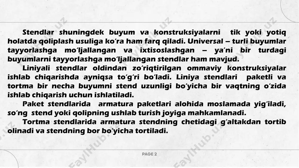 rasidagi masofa. ishlab chiqarishda foydalanilayotgan stendlarning tahlili shuni ko‘rsatdiki armaturaning umumiy chiqindisi 12-16 foizni tashkil etadi. 1-jadvalda 12, 18 va 24 m uzunlikdagi buyum tayyorlashda stendlarning maqsadga muvofiq bo‘lgan uzunlik ko‘rsatkichlari keltirilgan. 7 liniyali stendlar 1-jadval page 7 bir stenddagi buyumlar soni stendni foydali uzunligi (quyidagi uzunlikdagi buyumlar uchun), m 12 18 24 1 13 19 25 2 25,5 37,5 49,5 3 38 55 74 4 50,5 74,5 98,5 5 63 93 123 6 75,5 111,5 147,5 7 88 130 172 8 100,5 148,5 196,5 9 113 167 221 10 125,5 185,5 245,5 11 138 204 270 12 150,5 222,5 294,5 2-rasm. katta o‘lchamdagi temri-beton buyumlari tayyorlashda ishlatiladigan stend sxemasi 1-armaturani tortish traverslari; 2-ochiladigan yon bortlar; 3-echiladigan burchak bortlari; 4-yig‘iladigan podmost; 5-poddon; 6-richag; 7-gidrotsilindr; 8-kronshteyn. page 8 tavsiya etilgan adabiyotlar: akramov h.a., nuritdinov h.n. beton va temir-beton buyumlari ishlab chiqarish texnologiyasi. darslik toshkent, taqi, 2010 yil 336-341, 495-502 betlar. xamidov …