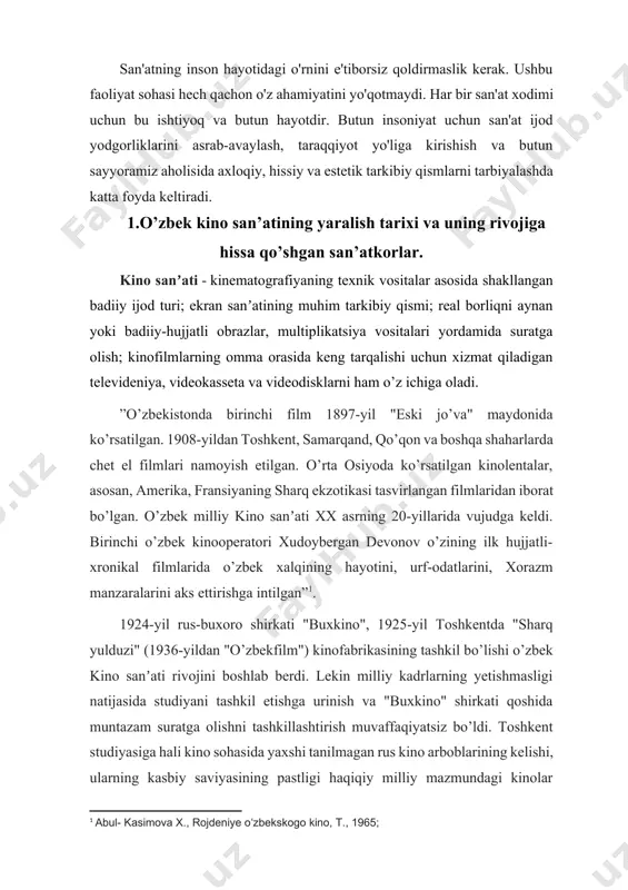 (1936-yildan "o’zbekfilm") kinofabrikasining tashkil bo’lishi o’zbek kino sanʼati rivojini boshlab berdi. lekin milliy kadrlarning yetishmasligi natijasida studiyani tashkil etishga urinish va "buxkino" shirkati qoshida muntazam suratga olishni tashkillashtirish muvaffaqiyatsiz bo’ldi. toshkent studiyasiga hali kino sohasida yaxshi tanilmagan rus kino arboblarining kelishi, ularning kasbiy saviyasining pastligi haqiqiy milliy mazmundagi kinolar yaratishga yo’l qo’ymasdi. ular yaratgan filmlar faqat ekzotik va tashviqiy xarakterda bo’lib, o’zbeklar hayoti buzib ko’rsatilardi, o’zbek ayollari rolini rus aktrisalari o’ynashi natijasida qahramonning ichki dunyosi, uning psixologik kechinmalari ochib berilmasdi. kino ishlashda milliy proza va dramaturgiyadan foydalanishdan bosh tortish, o’zbek hayotini bilmaydigan rus mutaxassislarning o’zlari yozgan ssenariylari asosida film yaratishi milliy kino uchun juda katta yo’qotish bo’ldi, uzoq yillargacha o’z shakliga ega bo’la olmadi, uning "o’zbek milliy kinosi" sifatida shakllanishiga o’tib bo’lmas to’siq bo’ldi. “o’zbekfilm” - eng eski va eng katta badiiy filmlar ishlab chiqaruvchi o’zbek kinostudiyasi. studiyaga 1925-yil asos solingan. uning ilk nomi “sharq yulduzi” bo’lgan. 1936-yil “o’zbekfilm” deb …
