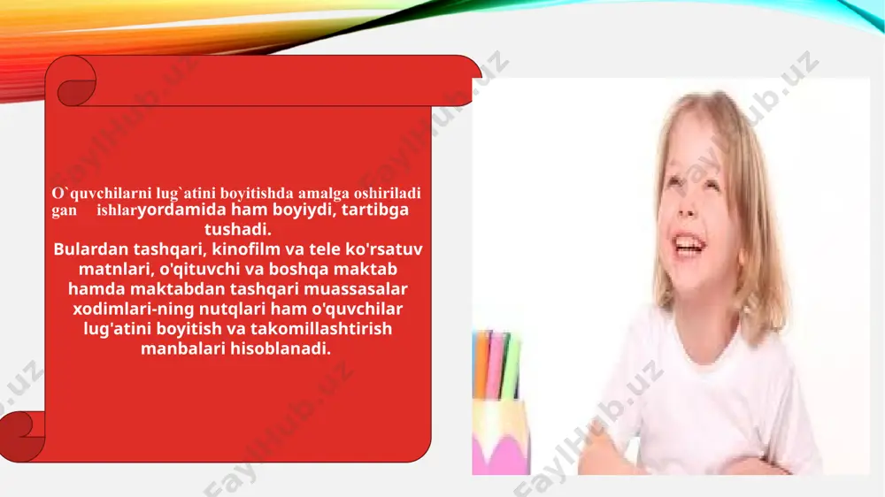 turlarini ishlab chiqish forobiyning fikricha, qanday qilib ta’lim berish va ta’lim olish, fikrni qanday ifodalash, bayon etish, qanday so‘rash va qanday javob berish (masalasi)ga kelganda, bu haqdagi ilmlarning eng birinchisi jismlarga, ya’ni substansiya va aksidensiyalarga ism beruvchi til haqidagi ilmdir. ikkinchisi ilm grammatikadir. u jismlarga berilgan ism (nom)larni qanday tartibga solishni hamda substansiya va aksidensiyaning joylashishiga va undan chiqadigan natijalarni ifodalovchi hikmatli so‘zlarni va nutqni qanday tuzishni o‘rgatadi. uchinchi ilm mantiqdir. u ma’lum xulosalar keltirib chiqarish uchun mantiqiy figuralarga binoan qanday qilib darak gaplarni joylashtirishni o‘rgatadi. bu xulosalar yordamida biz bilinmagan narsalarni bilib olamiz hamda nima to‘g‘ri va nima yolg‘on ekanligi haqida hukm chiqaramiz”. o‘quvchilar nutqida mantiq ilmiga asoslanib fikr-mulohaza bildirish maqsadga muvofiq. shu bois ular xotirasidagi so‘z zahirasini o‘z nutqi orqali harakatga keltiradi. nutq va uni o‘stirish tushunchasi. nutq - kishi faoliyatining turi, til vositalari (so‘z, so‘z birikmasi, gap) asosida tafakkurni ishga solishdir. nutq o‘zaro aloqa va xabar funksiyasini, …