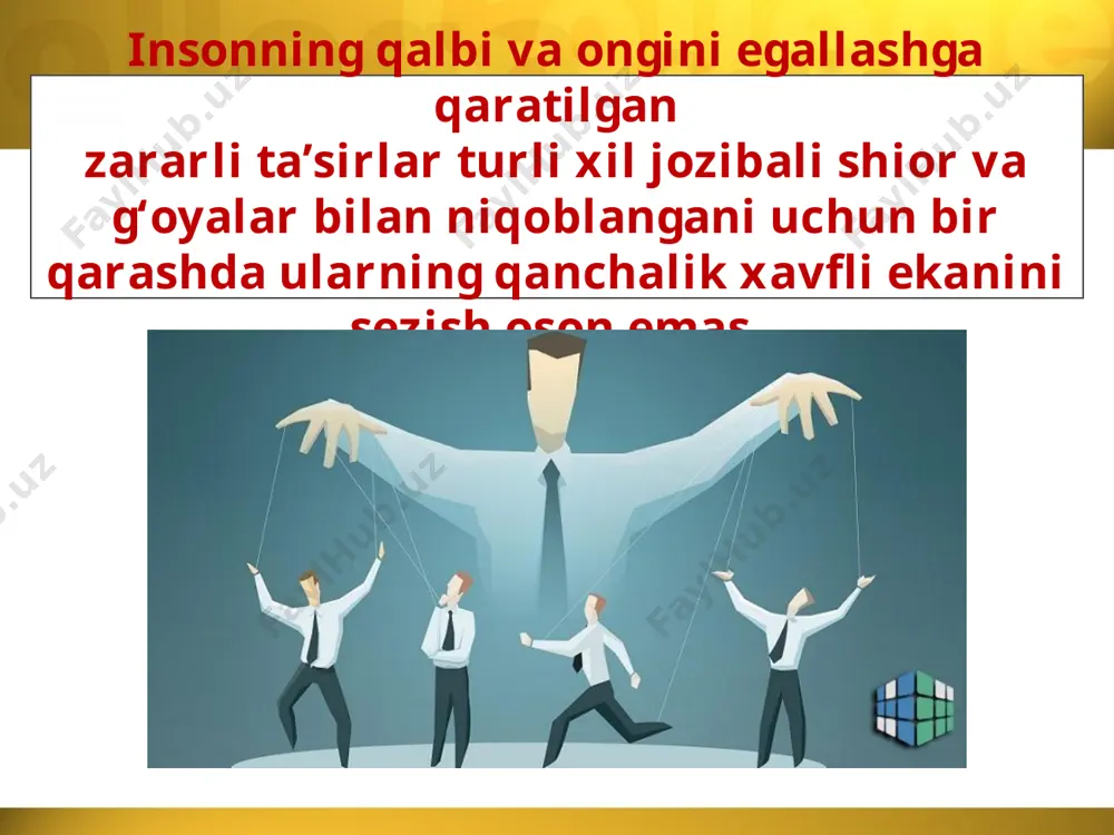 a’kidlab, bunday degan: alisher navoiy erursen shoh – agar ogohsen sen, agar ogohsen sen – shohsen sen. mamlakatimizda ta’lim tizimida amalga oshirilayotgan ulkan ishlar, xalqimiz ma’naviyatini yuksaltirish, sog‘lom avlodni tarbiyalash borasida qilinayotgan sa’y-harakatlar – barchasi bilimli, ma’rifatli va ongli insonni voyaga yetkazishga qaratilgani bilan ayniqsa e’tiborlidir. savol va topshiriqlar: 1. bugungi kunda nima sababdan inson qalbi va ongini egallash uchun kurash kuchayib bormoqda? 2. qalb va ongning xususiyatlari nimalardan iborat? 3. «immunitet» so‘zining lug‘aviy ma’nosi nimani anglatadi? 4. «mafkuraviy immunitet» tushunchasini sharhlab bering. 5. mafkuraviy immunitetning asosiy xususiyatlari nimalardan iborat? 6. jaholatga qarshi ma’rifat asosida kurashish hozirgi paytda qanday ahamiyat kasb etmoqda? 7. bugungi kunda jamiyatimiz hayotiga chetdan xavf solib turgan mafkuraviy tahdidlar haqida gapirib bering. image2.jpeg image3.jpeg image4.jpeg image5.jpeg image6.png image7.jpeg image8.jpeg image9.png image10.emf image11.jpeg image12.jpeg image13.jpeg image14.jpeg image15.jpeg image16.emf image1.jpeg