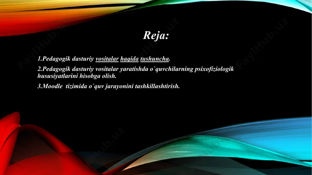 hqi qayta aloqa) kiradi. estetik talablarga quyidagilar kiradi: tartiblilik va ifodalilik (elementlari, joylashishi, o`lchami, rangi), bezashning funksional vazifasi va ergonomik talablarga mosligi. maxsus talablarga quyidagilar kiradi: interfaollik, maqsadga yo`nalganlik, mustaqillik va moslashuvchanlik, audiolashtirish, ko`rgazmalilik, kirish nazorati, intellektual rivojlanish, differensiasiyalash(tabaqalashtirish), kreativlik, ochiqlik, qayta aloqa, funksionalilik, ishonchlilik. ergonomik talablarga quyidagilar kiradi: do`stonalik, foydalanuvchiga moslashish, ekran shakllarini tashkil etish. metodik talablar pedagogik dasturiy vositalar asosida o`qitishga mo`ljallangan o`quv fanining o`ziga xos xususiyatlarini, uning qonuniyatlarini, izlanish metodlari, axborotga ishlov berishning zamonaviy usullarini joriy qilish imkoniyatlarini hisobga olishni ko`zda tutadi. fanlardan yaratiladigan pedagogik dasturiy vositalar quyidagi metodik talablarga javob berishi kerak: 1. pedagogik dasturiy vositalar – o`quv materialini taqdim etishning tushunchali, obrazli va harakatli komponentlarining o`zaro bog`liqligiga tayangan holda qurilishi. 2. pedagogik dasturiy vositalar o`quv materialini yuqori tartibli tuzilma ko`rinishida ta`minlashi. fanlararo mantiqiy o`zaro bog`liqlikning hisobga olinishi. 3. pedagogik dasturiy vositalarda ta`lim oluvchiga o`quv materialini bosqichma-bosqich o`zlashtirganligini turli xildagi nazoratlarni amalga oshirish asosida aniqlash imkoniyatlarining …
