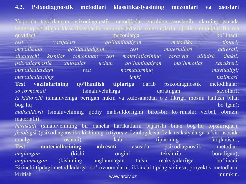 slubiy ta’minlanganlik darajasini baholashdir. didaktik diagnostika pedagogik jarayonni takomillashtirish uchun xizmat qilishdir (ta’lim jarayonining tashkiliy metodik tomonlaridan tashqari). bunda talabalarning og’zaki va yozma javoblari hamda ulardagi tipik xatolar, sabablari, ta’lim faoliyatidagi salbiy o’zgarishlar o’rganiladi. shuningdek, talabalardagi mehnat malaka va ko’nikmalarning rivojlanganlik darajasi hamda ta’lim olishga nisbatan moyillik diagnostika qilinadi. ijtimoiy-pedagogik diagnostika talabalarning pedagogik qarovsizligi va moslashganlik darajasini o’rganuvchi hamda tarbiyasi og’ir bolalarni diagnostika qilishda ijtimoiy omillarni hisobga oluvchi yo’nalishdir. diagnostika pedagoglar tomonidan maktab va o’quv yurtidan tashqarida olib boriladi. shu sababli diagnostika jarayoni “oila sosiologiyasi va iqtisodi”, “huquq sosiologiyasi”, “dam olish sosiologiyasi”, “iqtisodiy sosiologiya” kabi sohalarda qo’llaniladigan metodikalar va ko’rsatkichlardan foydalanishni taqozo qiladi. www.arxiv.uz ijtimoiy-psixologik va pedagogik diagnostika bu yo’nalish sosiologiya, ijtimoiy psixologiya, pedagogikani o’z ichiga qamrab olgan. u talabalar, pedagoglar va ota-onalar guruhlarini o’rganishga; talabalarga ommaviy kommunikasiya vositalarining (radio, televideniye, gazetalar va hokazo) ta’sirini aniqlashga; talabalarning burch va huquqlari hamda o’zaro munosabatlarini yoritishga yo’naltirilgan xatti-harakatlar majmuidir. pedagogik diagnostika psixologik …