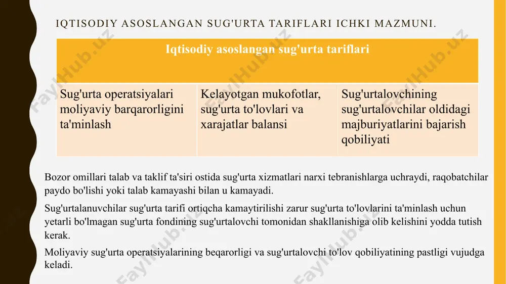 oplanish (sb) ga bog'liq holda sug'urtalovchining o'rtacha to'lovlariga to'g'ri keladi. shunga ko'ra, sug'urta summasining 100 so'midan risk stavkasi (t0): t0= 100(sb/ s). risk qo'shimchasi (tr) bir qator muhim pozitsiyalarni hisobga oladi: sug'urta holatlari miqdorining ularning o'rtacha qiymatiga nisbatan ehtimoliy ortiqligi, sug'urta amalga oshiriladigan muddat bilan bog'liq shartnomalar soni (n); sug'urta holatlari yuzaga kelgan taqdirda qoplamalarning o'rta kvadratik og'ishi (rb); yig'ilgan badallar sug'urta hodisalari uchun kompensatsiya to'lash uchun yetarli bo'lishi kerak bo'lgan talab qilinadigan ehtimolning kafolatlari (ƴ). risk qo'shimchasini hisoblash uchun ikkita variant mavjud: 1-variant. risk qo'shimchasi har bir risk uchun hisoblanishi mumkin. tr =t0 α(ƴ)(1 - q + ) α(ƴ)-xavfsizlik kafolati koeffitsienti: kafolat koeffitsienti 0,84 0,9 0,95 0,98 0,9986 α(γ) 1,0 1,3 1,645 2,0 3,0 2-variant. sug'urta kompaniyasi rb qiymati haqida ma'lumotga ega bo'lmasa, risk qo'shimchasi quyidagi formula bo'yicha hisoblanadi: tr= 1,2t0 α(γ) shunga ko'ra, brutto-stavka (tb) quyidagi formula bilan hisoblanadi: tb = (tn100) / (100 - ƒ) bu yerda …