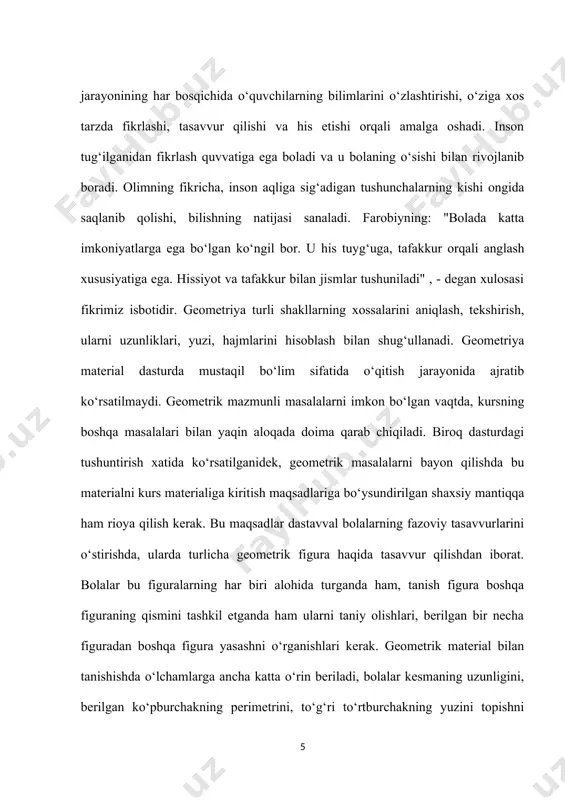 il qilish nuqtai nazardan izohlanadi. agar o‘quvchiga fazoviy tasavvurlar yaxshi shakllansa, har qanday qiyinchilikdagi masalalarni soddagina yechish imkoniyatiga ega bo‘ladi. fazoviy tasavvurlar rasm chizmachilik, steriometriya masalalarini yechishda shakllanadi, ba'zan o‘quvchilar ayni bir figuraning turli ko‘rinishlarida tasvirlangan hollarini bir-birlaridan farqlay olmaydilar. bunda o‘qituvchi faoliyati muhim o‘rin tutadi. bitta obyektni turli xil ko‘rinishlari ustida fikrlash, o‘quvchilarda fazoviy tasavvur va tafakkurlarni shakllantiradi. fazoviy tasavvurlarni shakllantirish o‘quvchilarning konstruksion texnologik tafakkurlarini shakllantiradi. shuningdek, steriometrik figuralarni kesma holida chizmalarda qaralishi fazoviy tasavvurlarni shakllantiradi. boshlang‘ich sinfda geometrik materialni o‘rganishda quyidagi talablar qo‘yiladi: fazoviy munosabatlar. geometrik shakllar. kattaliklar bo‘yicha. -mavjud hayotiy tajribalarni tizimga solishni davom ettirish, geometrik shakllarni atrof borliq buyumlarining obrazi sifatida idrok etish; - uzunlik o‘lchov birligi km va uning belgilanishi: km (kilometr) bilan tanishish; -uzunlik o‘lchov birliklari: km, m, dm, sm va mm orasidagi munosabatlar haqida tasavvurga ega bo‘lish; -yuz o‘lchov birligi kv.m, kv.dm va hokazolar bilan tanishish; -aylanani teng bo‘laklarga bo‘lishni, ichki ko‘pburchaklar chizishni …