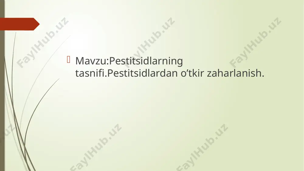 kan suvga 30 gramm kaliy permanganat). agar nafas olish to'xtab qolsa, nafas olish yo'llarini tozalab va o'pkalarni ventilyatsiya qilinadi. oldini olish pestitsidlarni saqlash, tashish va ulardan foydalanish qoidalariga rioya qiling. pestitsidlar bilan ketma-ket 4-6 soatdan ortiq ishlamang. zaharli moddalar bilan ishlashda shaxsiy himoya vositalaridan foydalanishni unutmang. paketning yaxlitligini va pestitsidlarni o'z ichiga olgan asboblarning ishlashini tekshiring. pestitsidlar bilan ishlaydigan xonalarda chekmang va ovqatlanmang. pestitsidlar bilan ishlashda shaxsiy gigiena va sanitariya holatiga rioya qiling. vrachlik-mehnat ekspertizasi.pestitsidlardan surunkali zaharlanishda vrachlik mehnat epkpertizasining vazifasi bemorning mehnat layoqatini nechog’li yo’qotganligini hisobga olib ,uni ishga to’g’ri joylashtirishdan iborat. mehnatga layoqatlik ekspertizasini o’tkazishda quydagilar hisobga olinadi. 1)asosiy kasallikning tashxisini aniqlash va tasdiqlash 2)uning kasb bilan bog’liqligini aniqlash 3)zaharlanishning kechishi,uning klinik darajasini aniqlash 4)reabilitatsiya tadbirlarini bergilash image1.png image2.png /docprops/thumbnail.jpeg